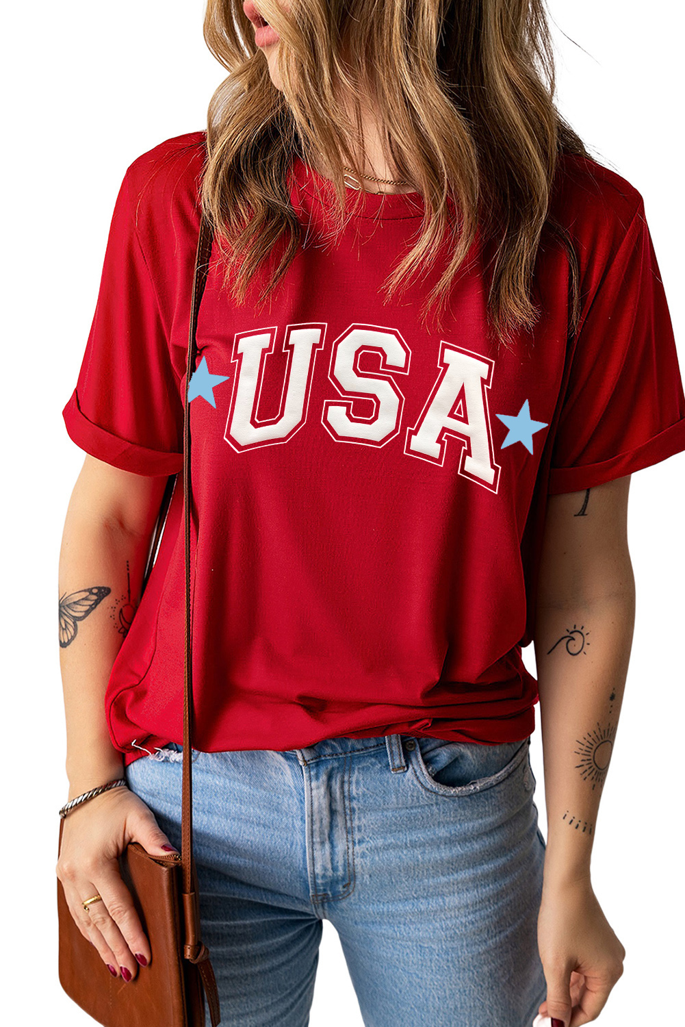 Red Star USA Print Crewneck Patriotic T Shirt - loveforevers