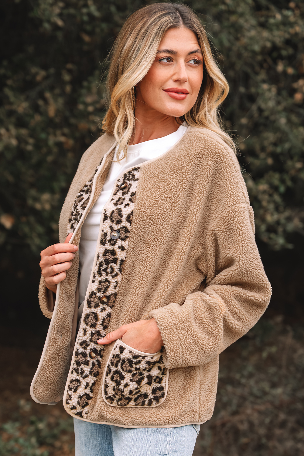 Casual Leopard Print Accent Plush Jacket with Pockets - loveforevers