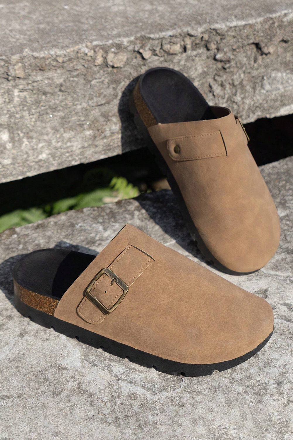Light French Beige Suede Buckle Detail Slippers - loveforevers