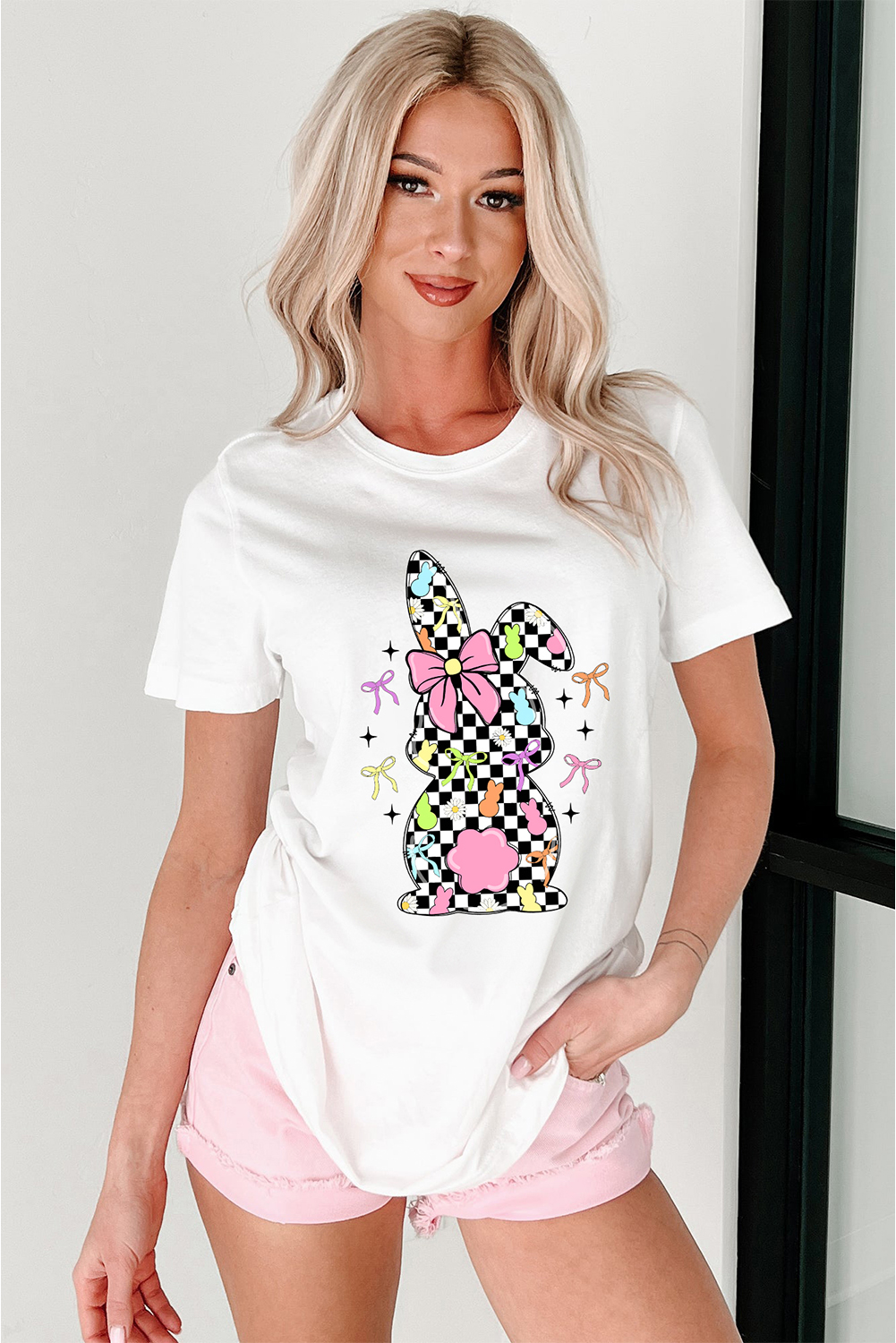 White Bowknot Checkerboard Bunny Graphic Easter T Shirt - loveforevers