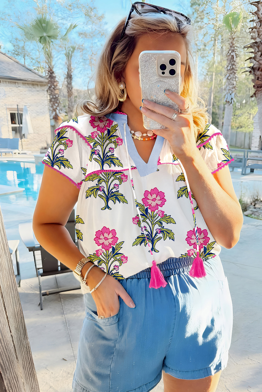 Rose Vintage Floral Print Contrast Notched V Neck Plus Size Summer Blouse - loveforevers