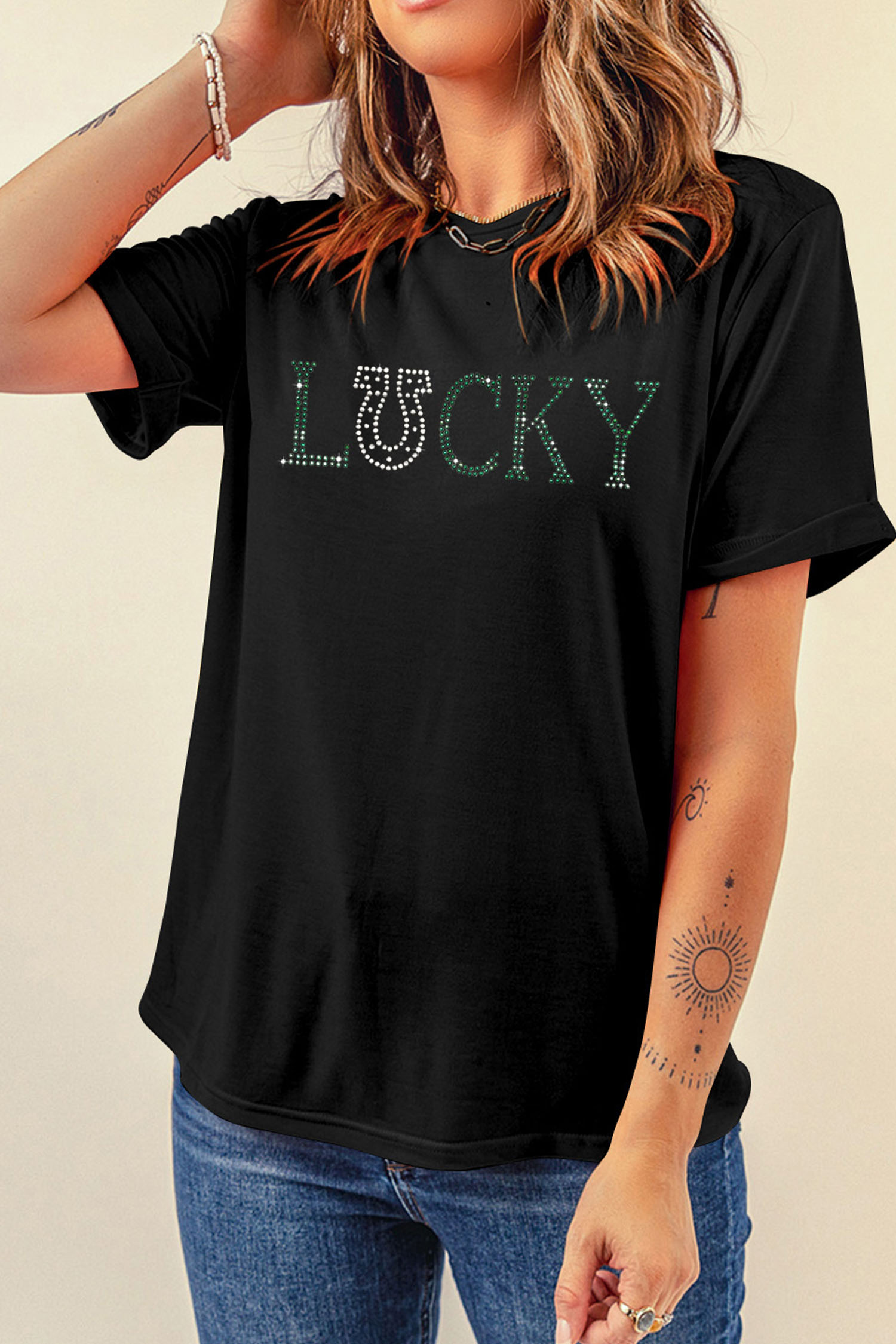 Black LUCKY Rhinestone Graphic Rolled Sleeve Tee - loveforevers