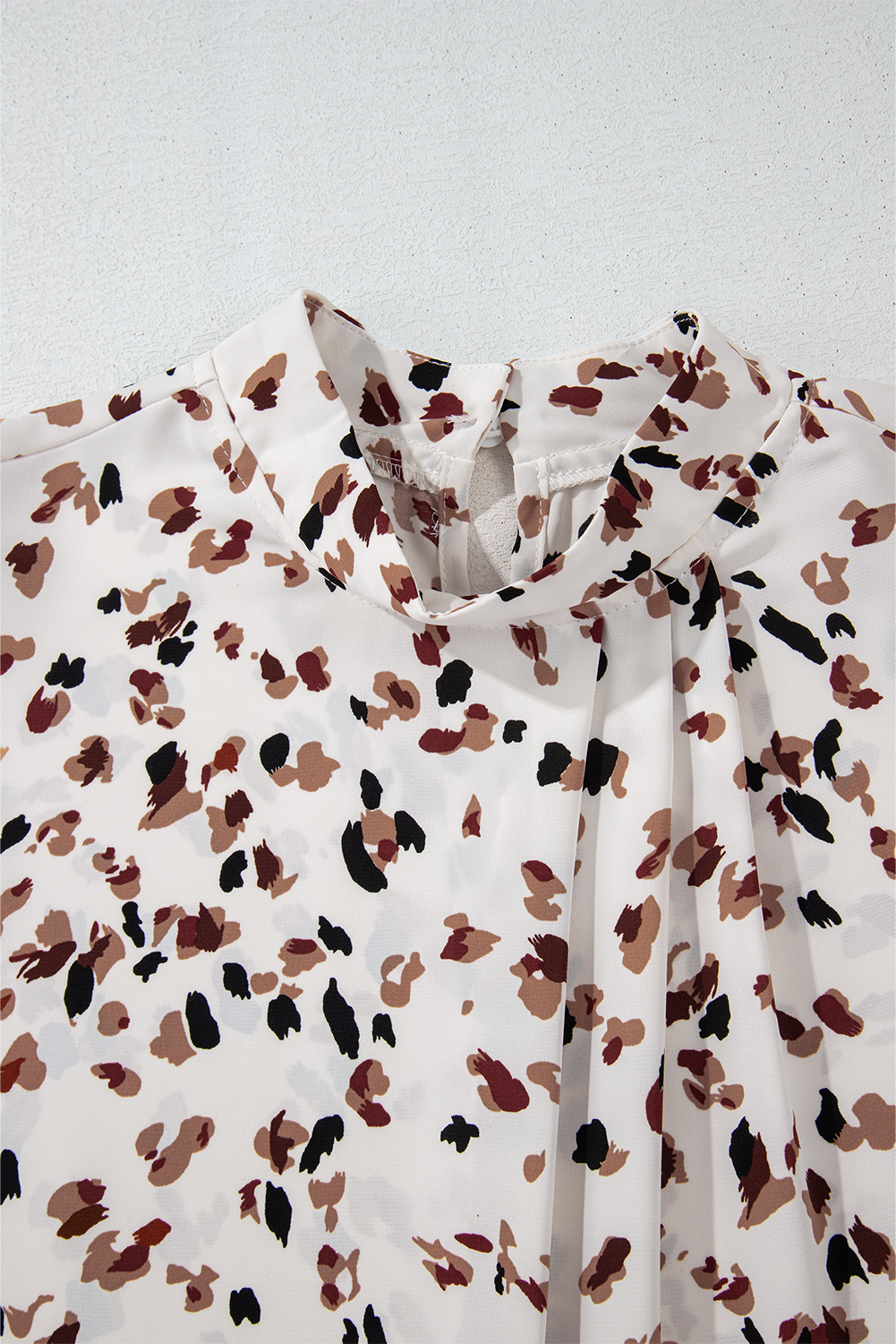 White Leopard Print Lantern Sleeve Mock Neck Pleated Blouse - loveforevers