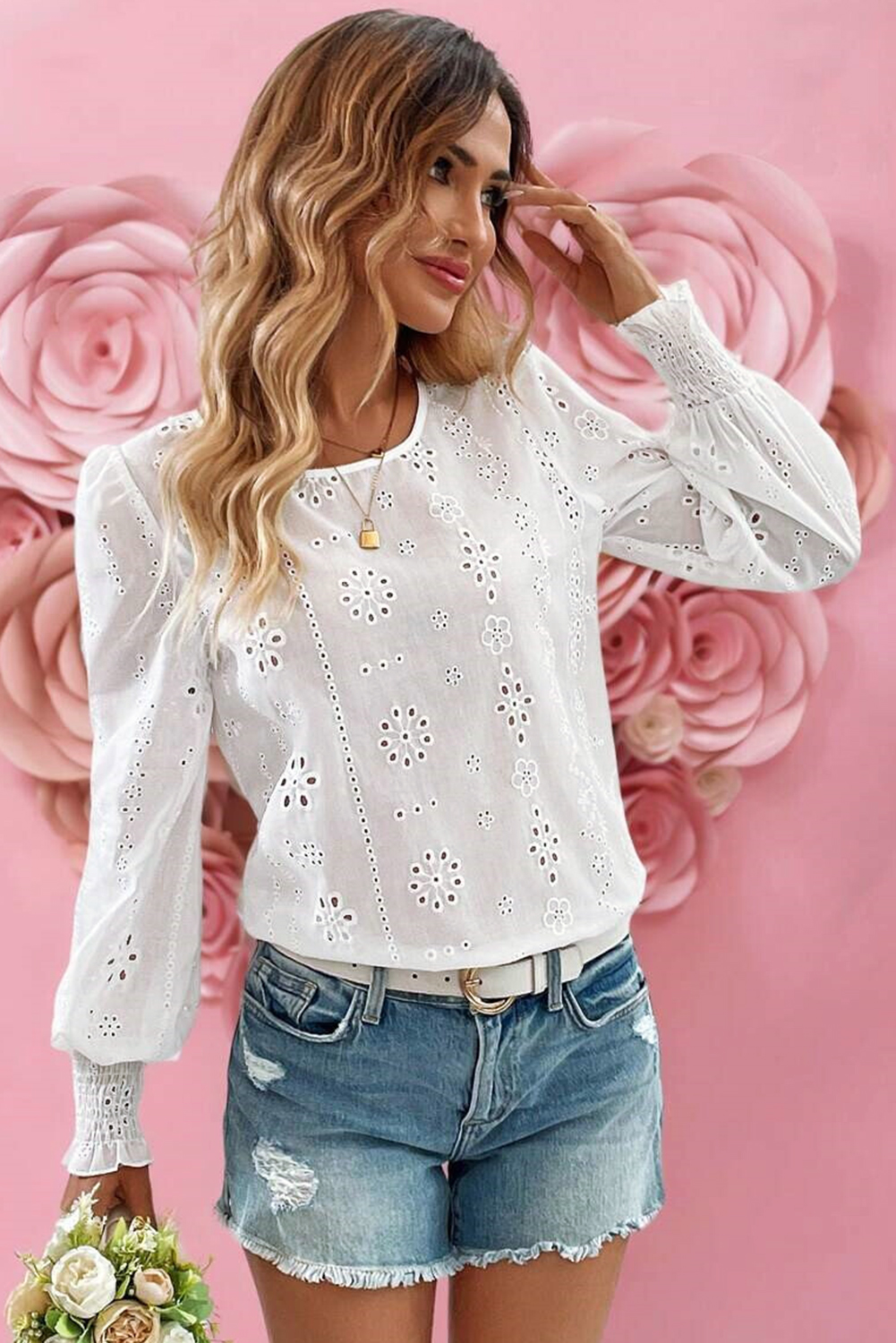 White Eyelet Embroidered Smocked Cuff Sheer Blouse - loveforevers