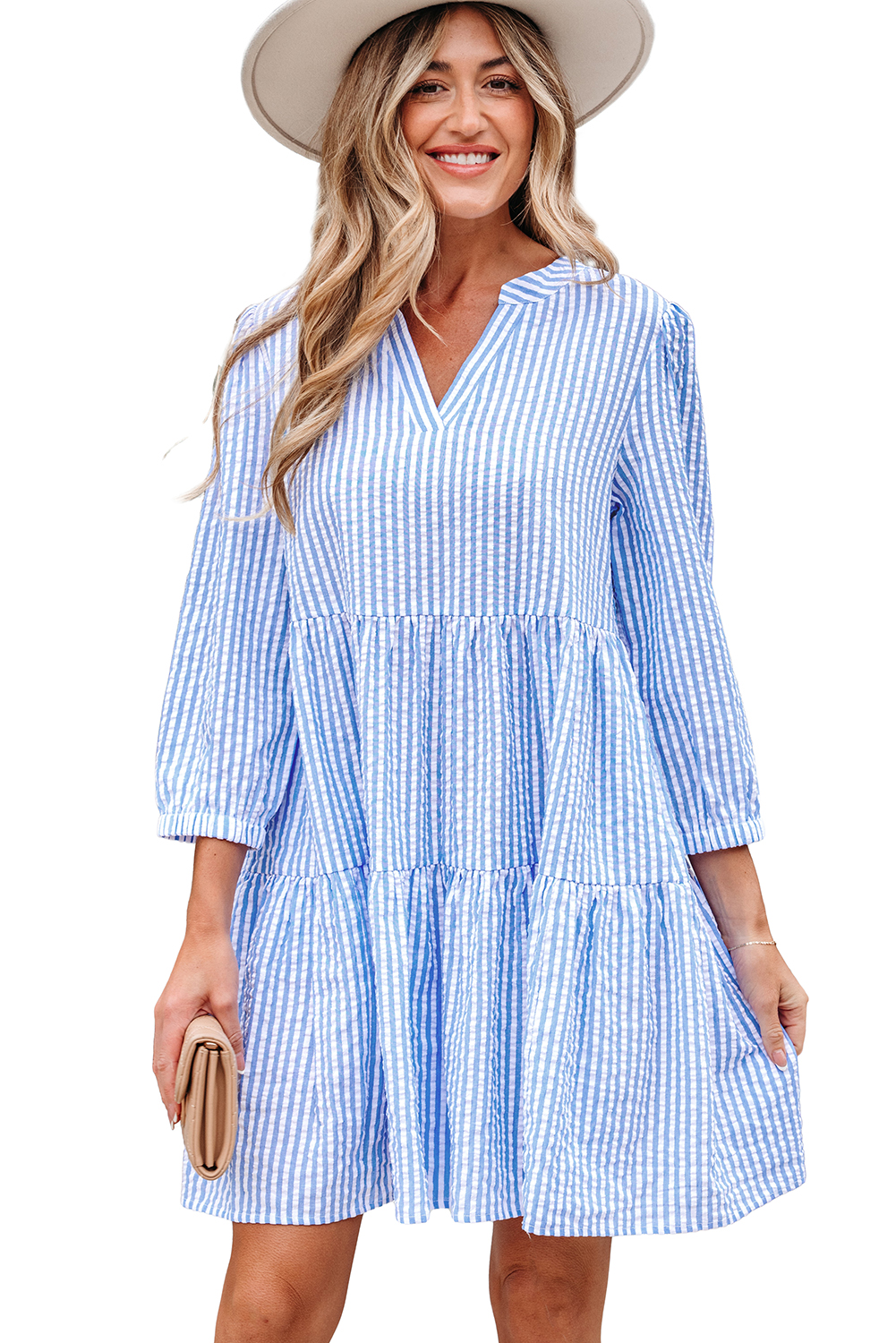 Sky Blue Stripe Bracelet Sleeve Tiered Shift Dress with Pockets - loveforevers