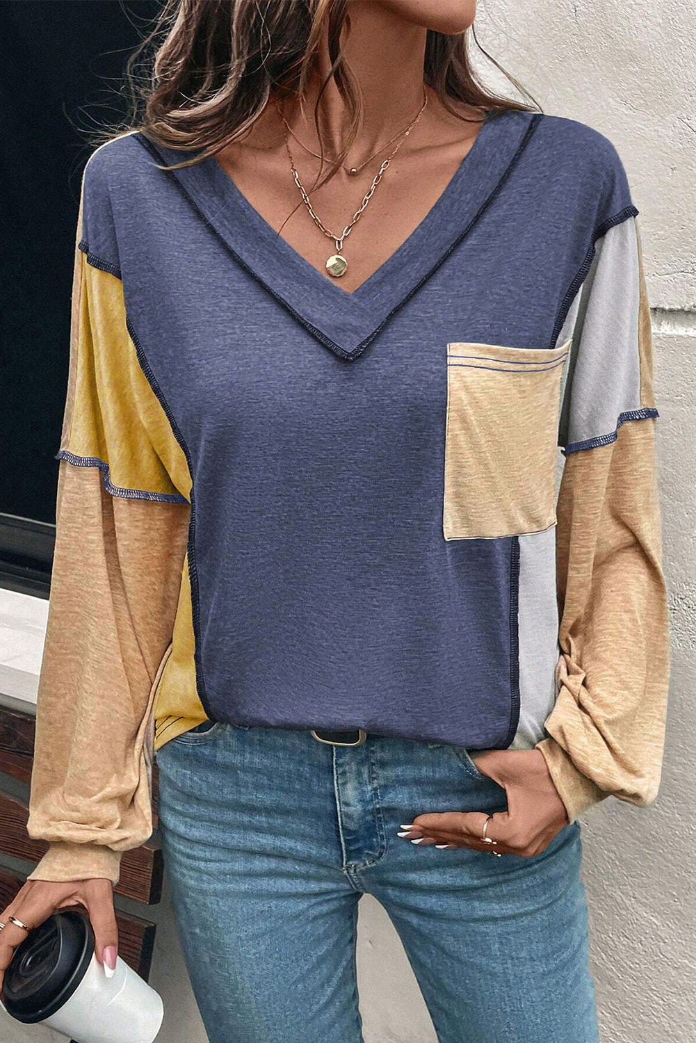 Sail Blue Exposed Stitching Colorblock V Neck Long Sleeve Top - loveforevers