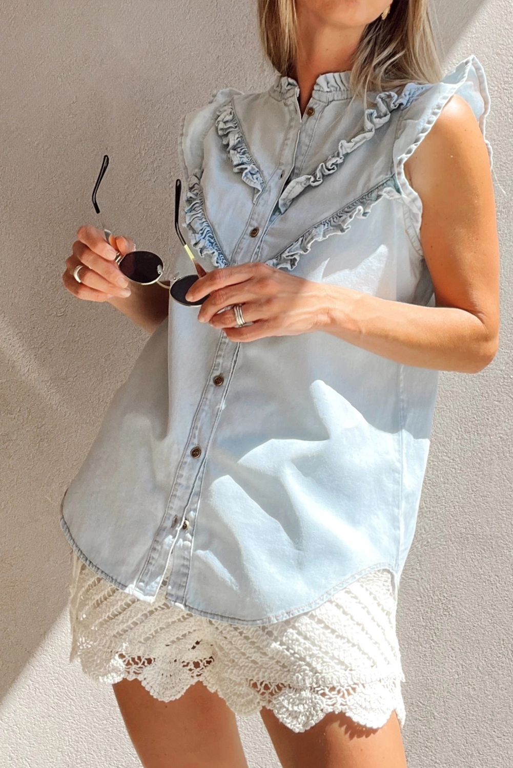 Beau Blue Mineral Wash Frilled Button Up Denim Shirt - loveforevers