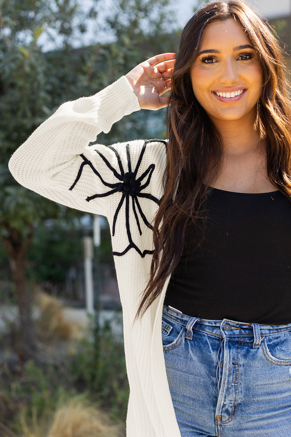 Black Flower Embroidered Drop Shoulder Open Front Duster Cardigan - loveforevers