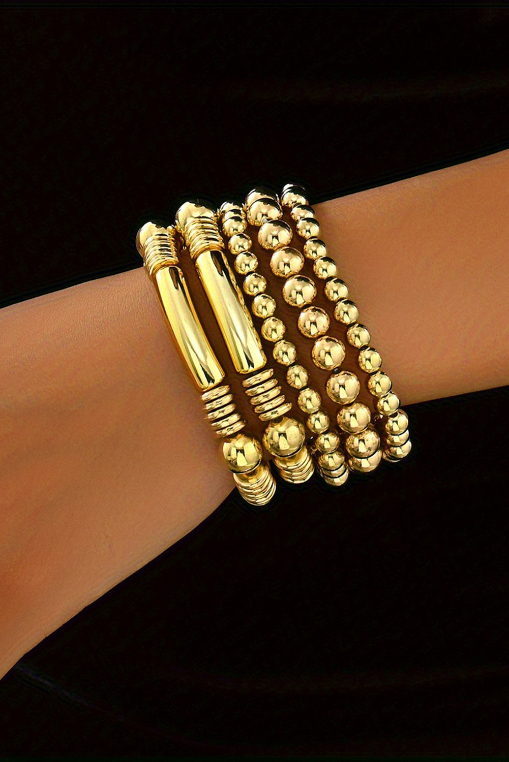 Gold Layered Plated Alloy Beaded Elastic Bracelet Set - loveforevers