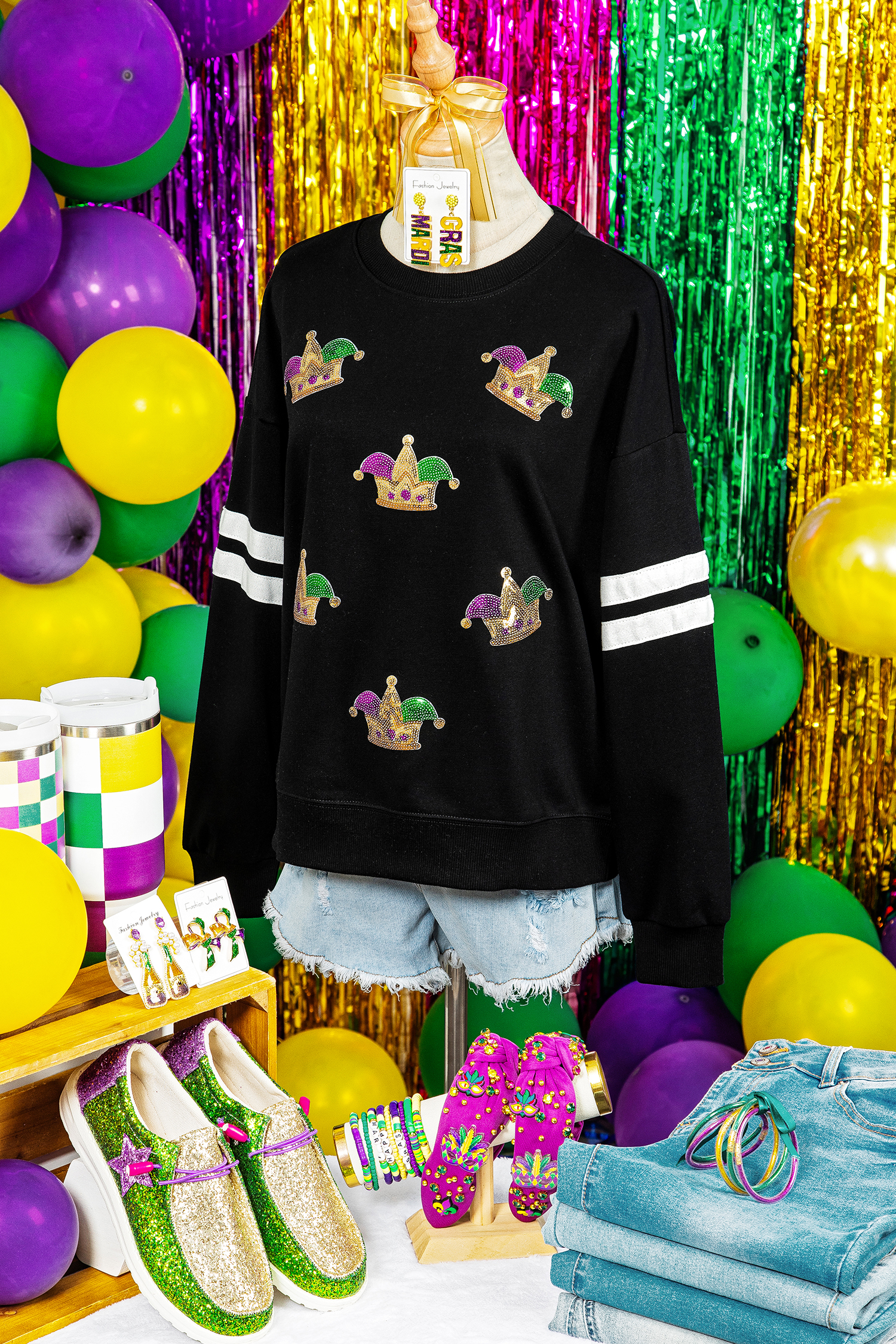 Black Sequin Mardi Crown Dropped Shoulder Varsity Sweatshirt - loveforevers
