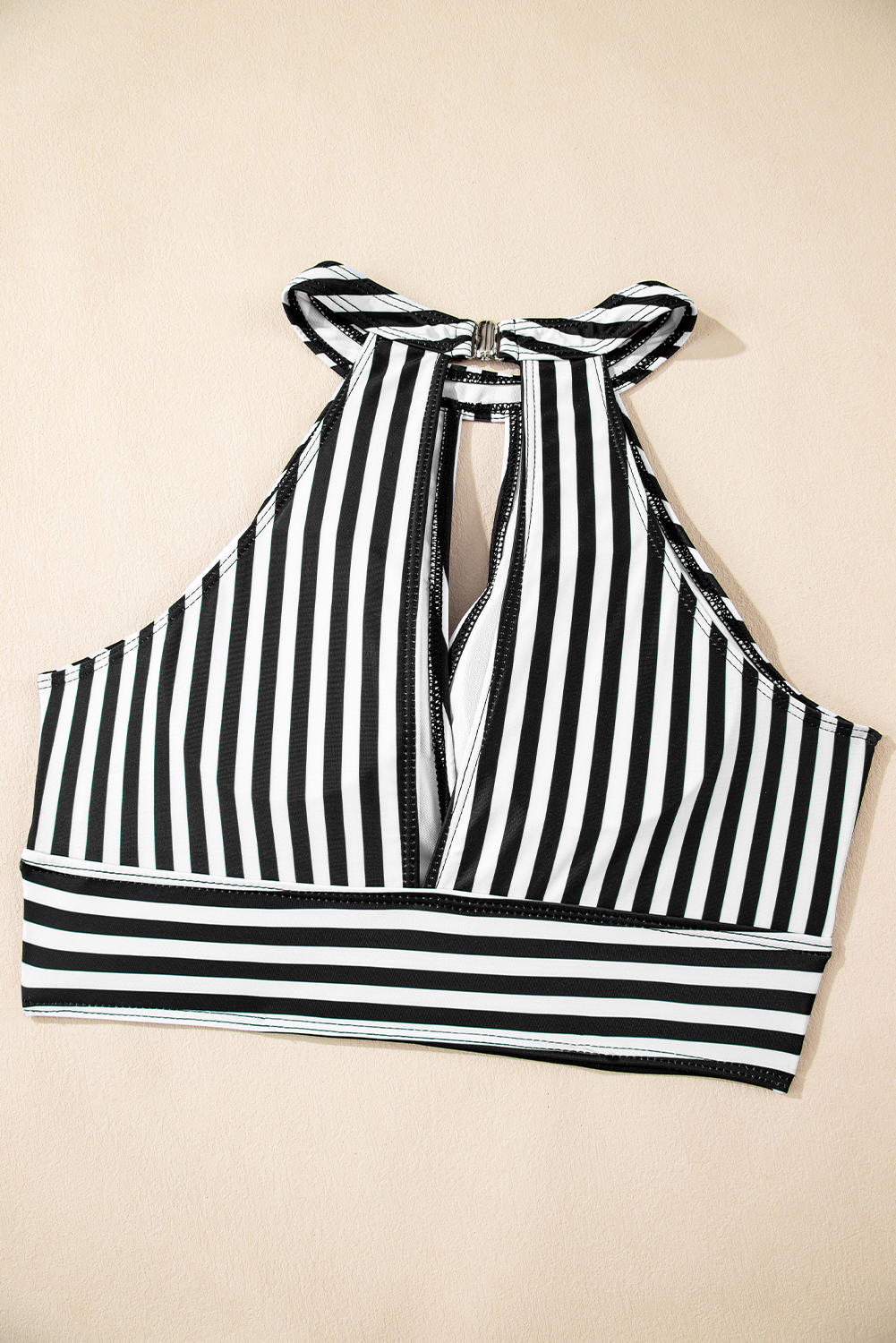 Black Striped Halter Top Drawstring Ruched High Waisted Bikini - loveforevers