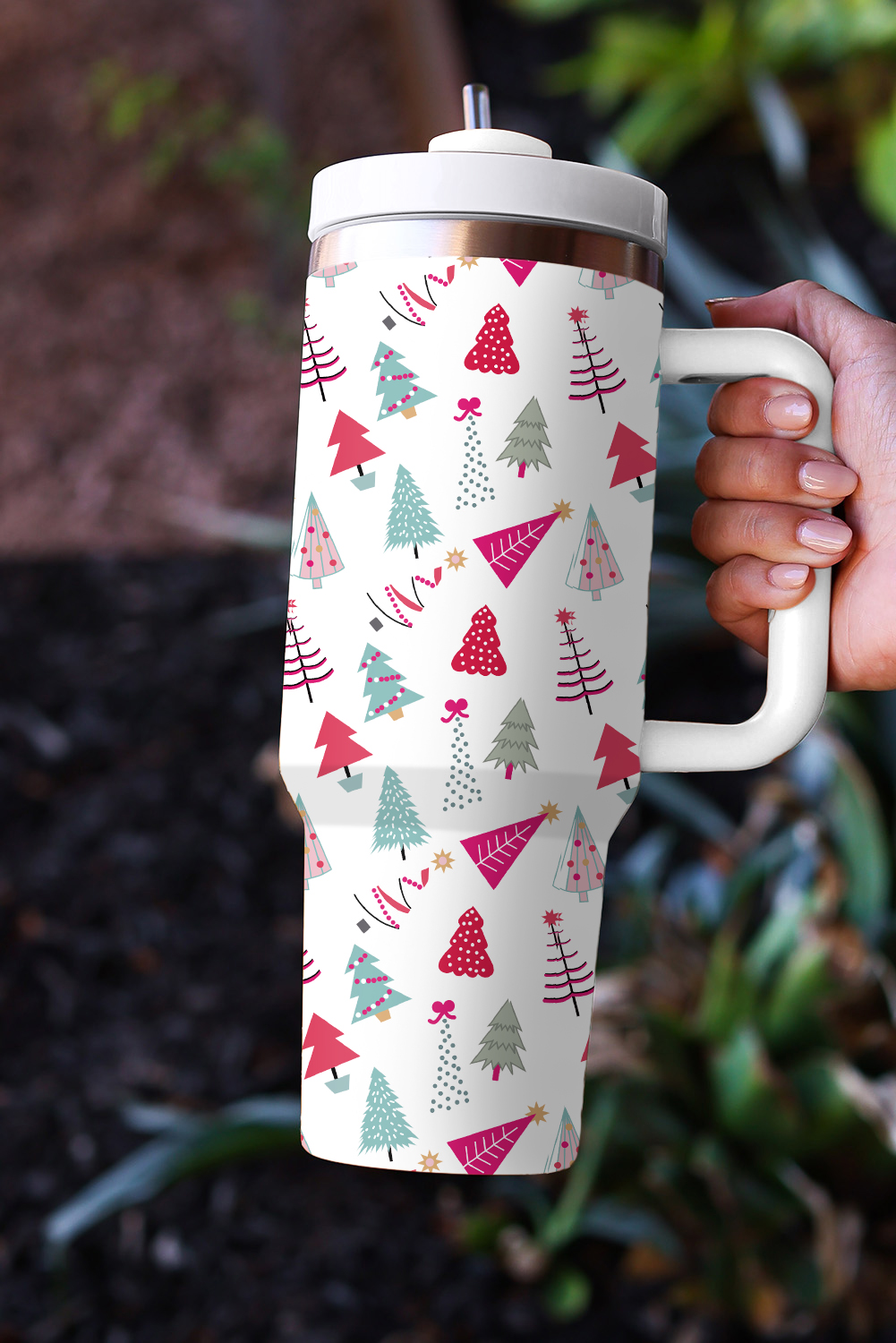 White Cartoon Christmas Tree Printed Thermos Cup 40oz - loveforevers