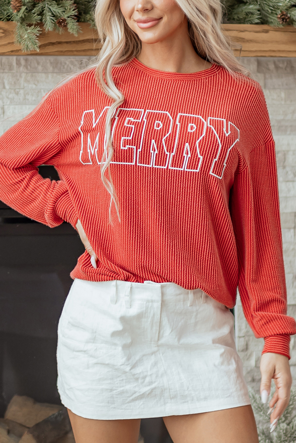 Evergreen Twisted Rib Outlined Merry Letter Graphic Loose Long Sleeve Top - loveforevers