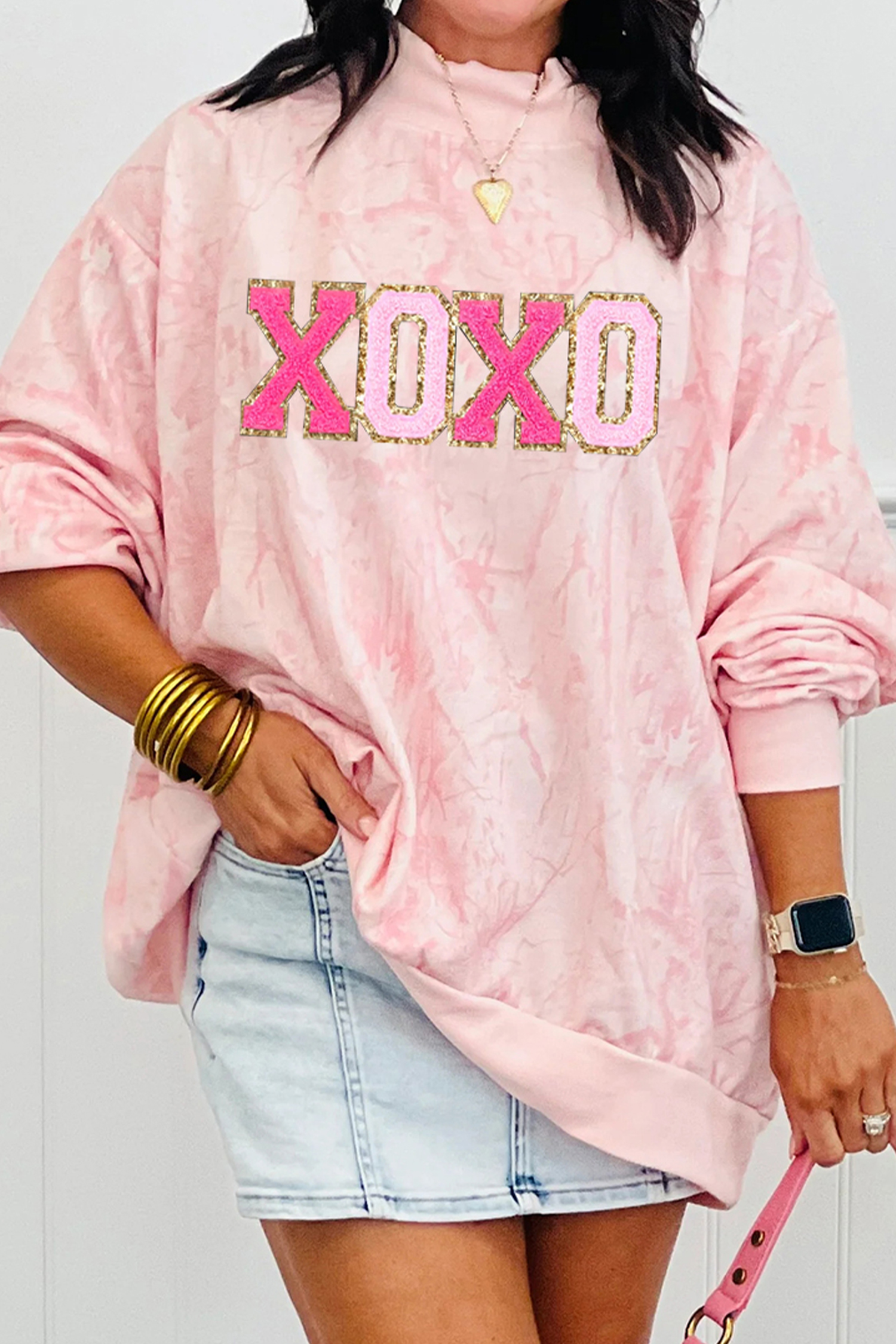 Pink Tie Dye Camo Sequin Love Heart Patched Mock Neck Sweatshirt - loveforevers