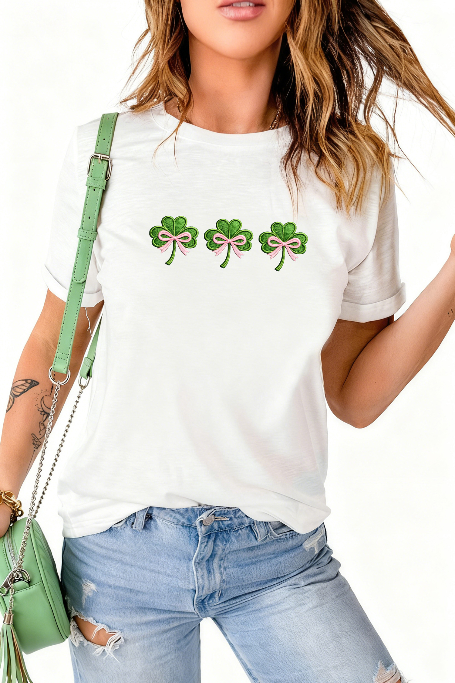 White Ribbon Bow Clover Embroidered Casual T Shirt - loveforevers