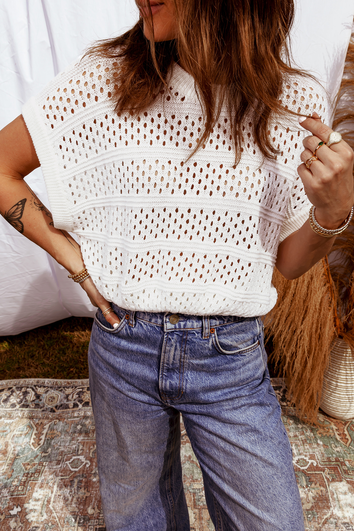 White Hollow Out Knit Round Neck Dolman Sweater - loveforevers
