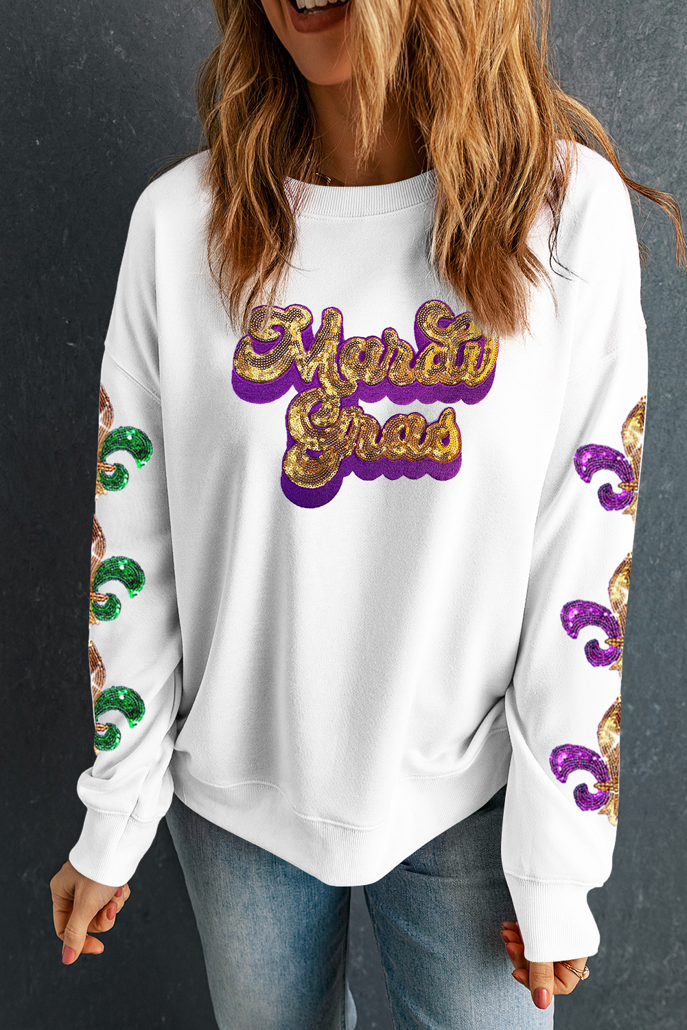 Beige Sequin Mardi Gras Patched Pattern Fleur de Lis Sleeve Sweatshirt - loveforevers