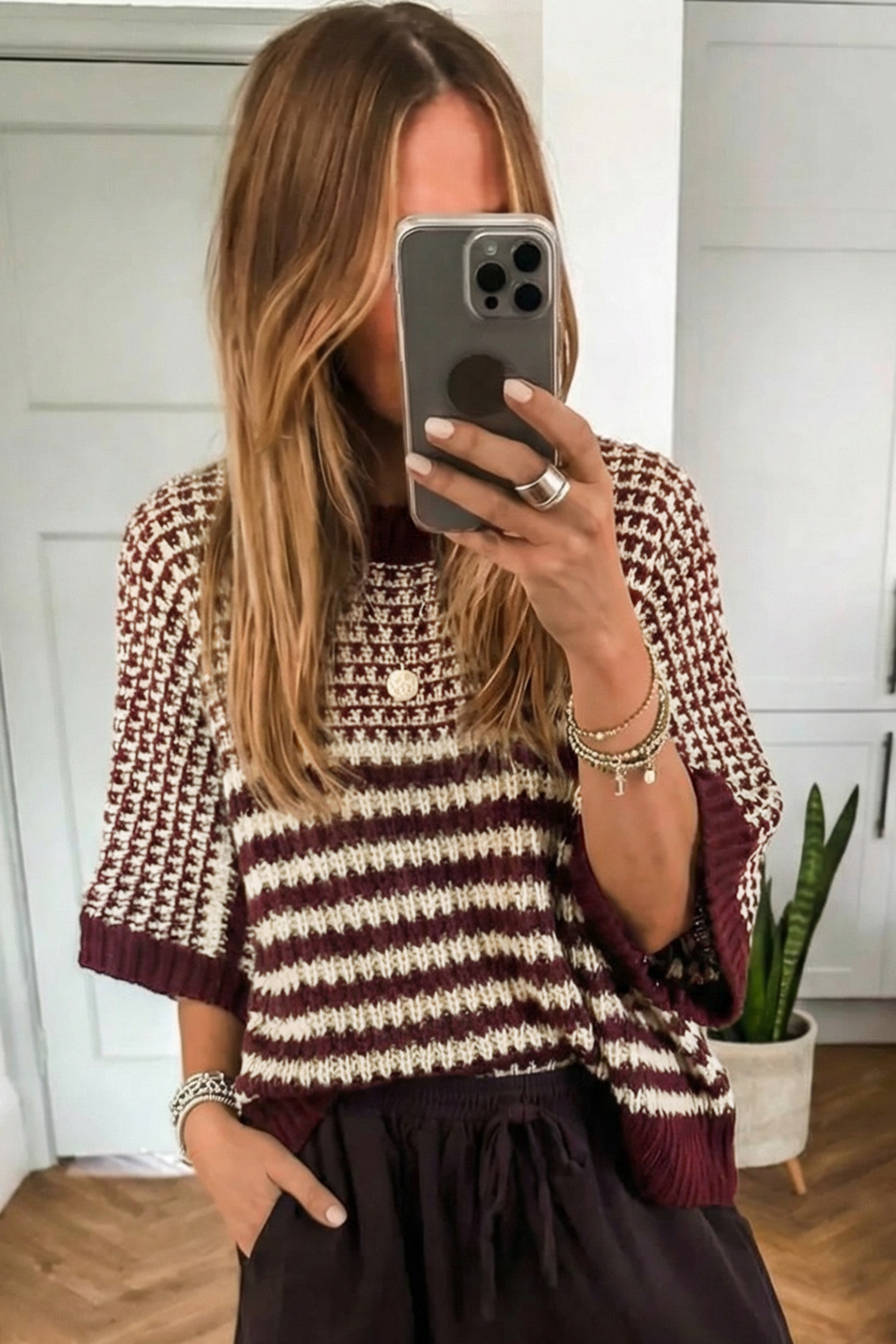 Black Stripe 3/4 Draped Sleeve Slouchy Sweater - loveforevers