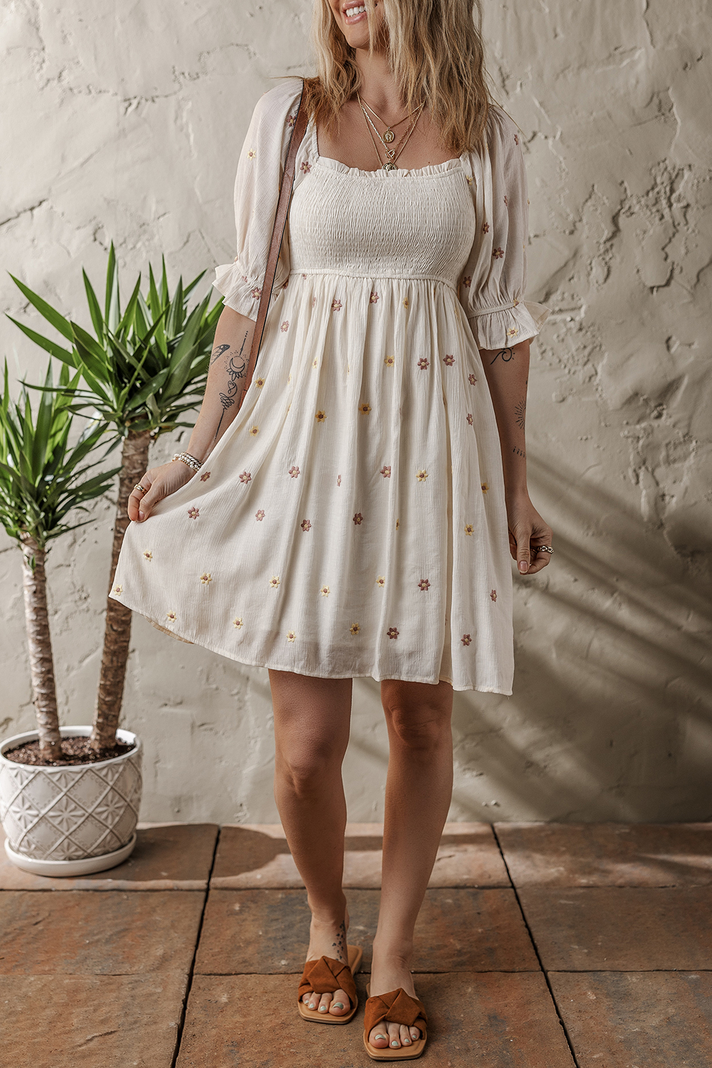 Beige Embroidered Flower Smocked Bust Half Puff Sleeve Empire Waist Textured Flowy Dress - loveforevers