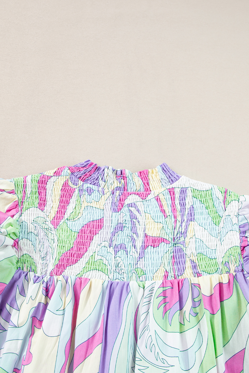 Green Abstract Print Bubble Sleeve Smock Detail Blouse - loveforevers