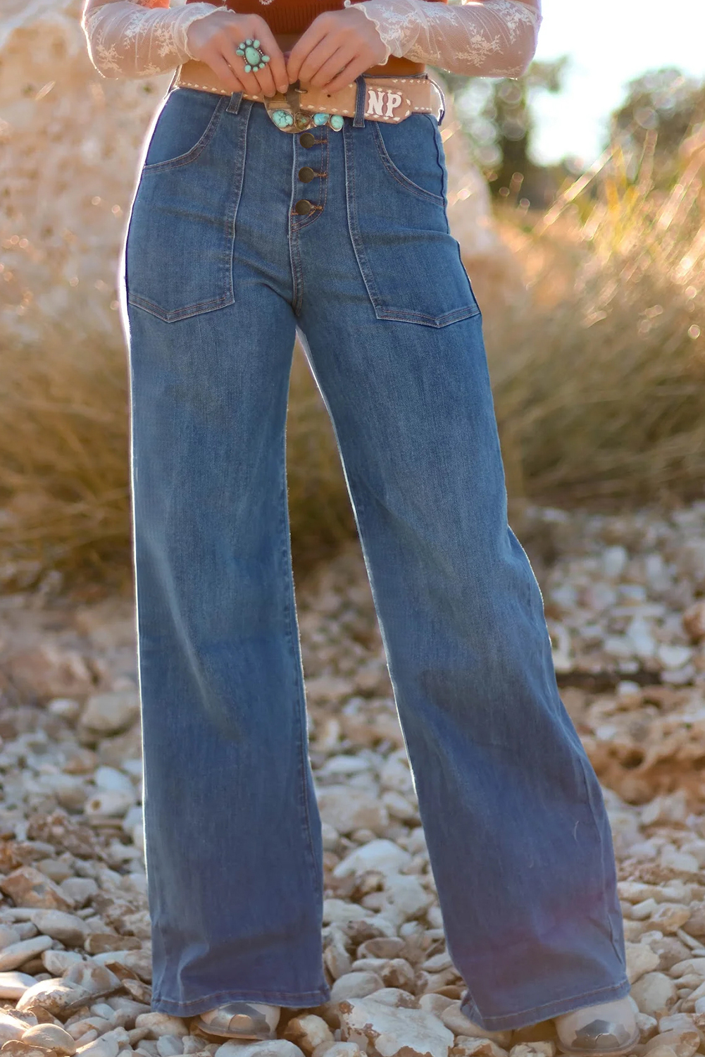 Ashleigh Blue Multi Buttons High Waist Wide Leg Jeans With Pockets - loveforevers