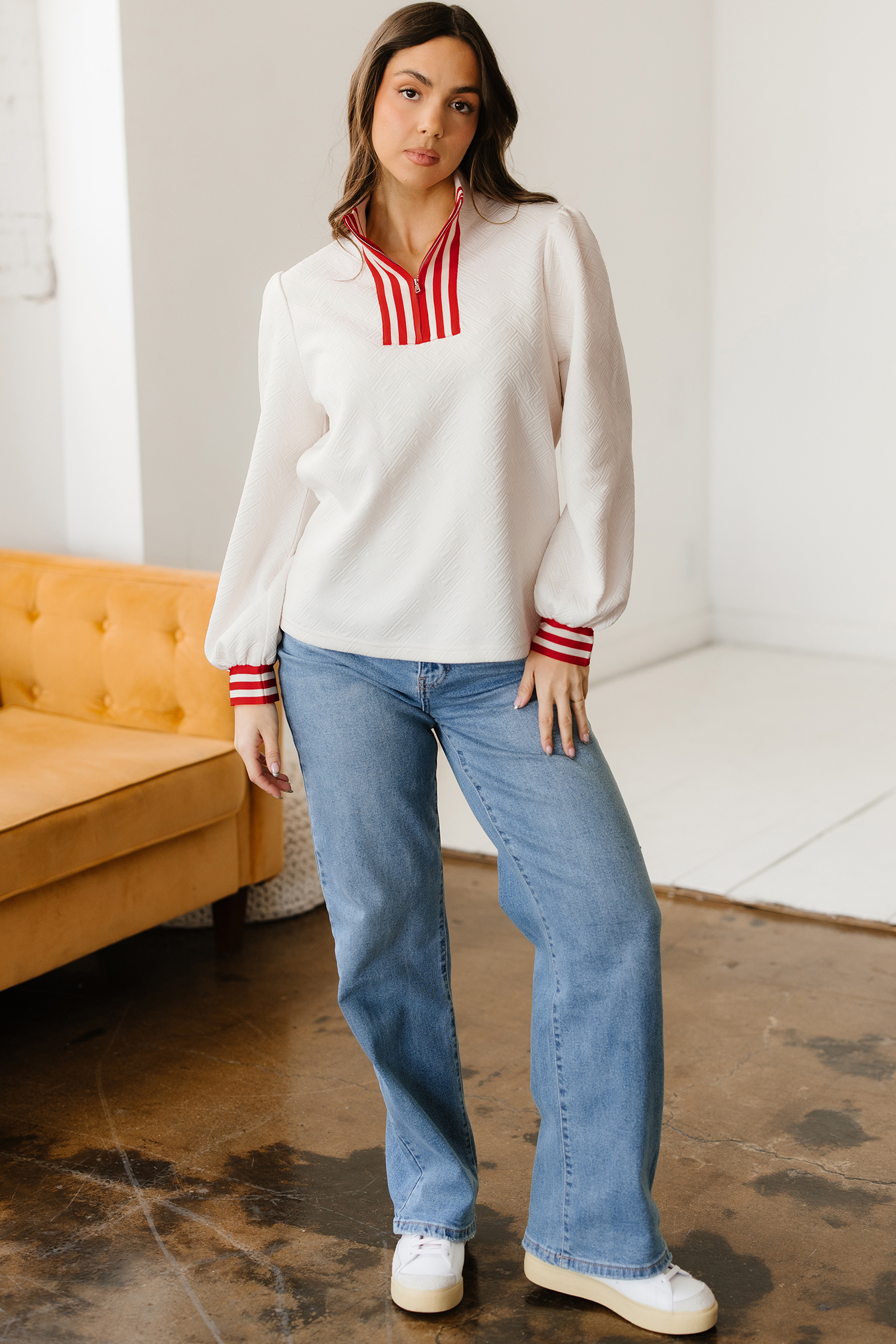 White Textured Knit Contrast Striped Accent Zipped Collar Pullover Top - loveforevers