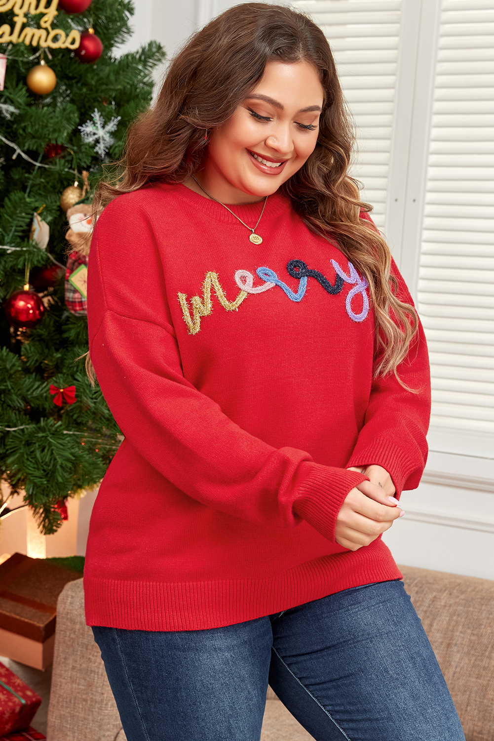 Fiery Red Tinsel Merry Letter Drop Shoulder Baggy Sweater - loveforevers