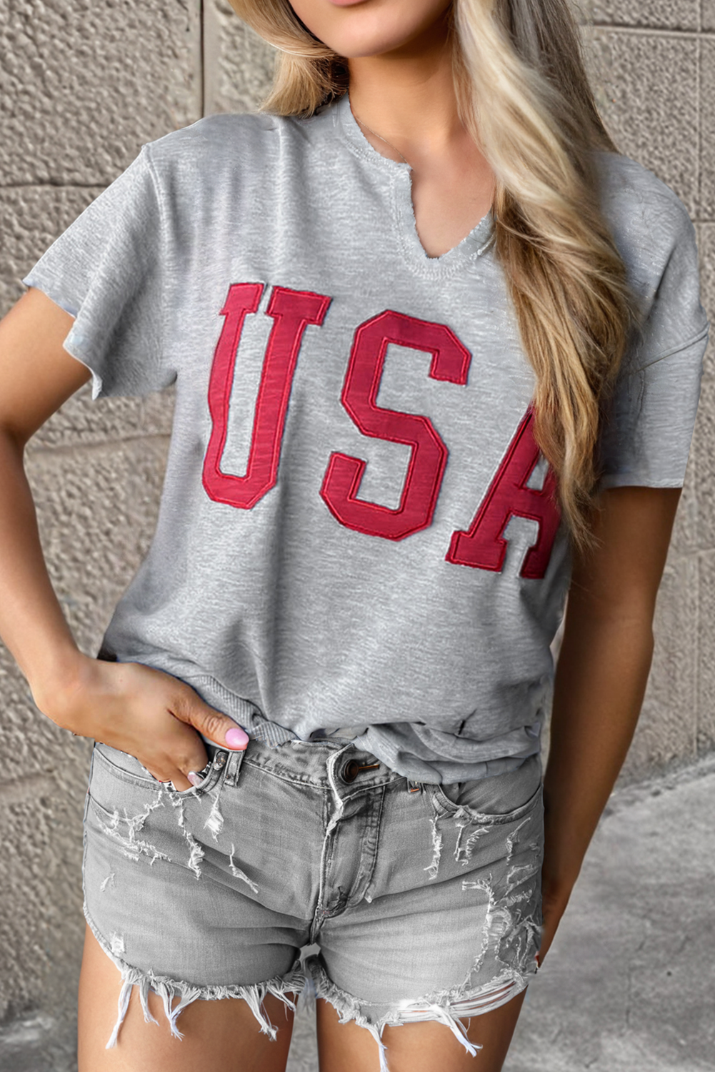 Light Grey USA Lettering Patch Notched Neck Loose Tee - loveforevers