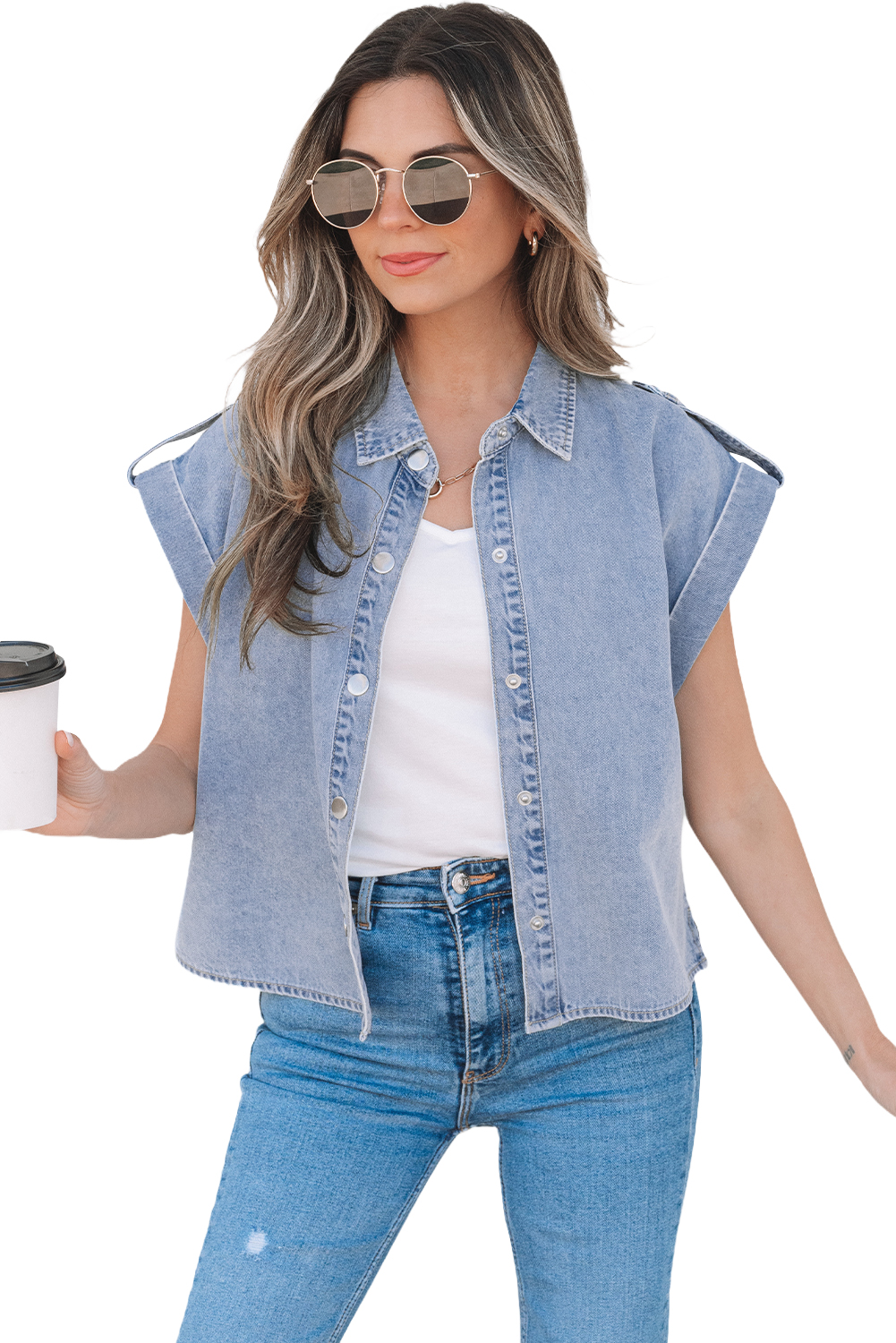 Dusk Blue Denim Pinup Folded Cap Sleeve Shirt - loveforevers