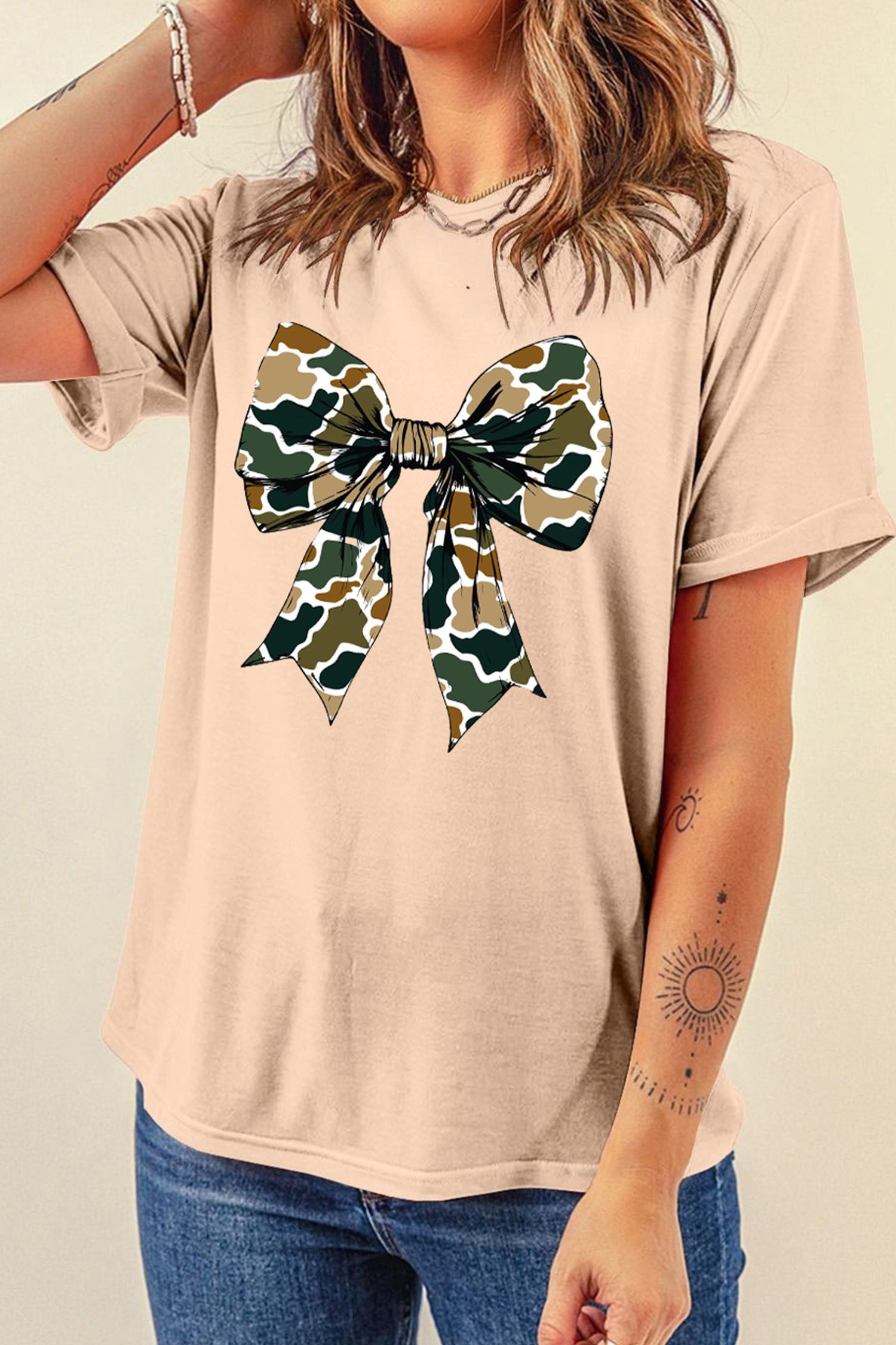 Khaki Camouflage Big Bow Print Womens Casual Tee - loveforevers