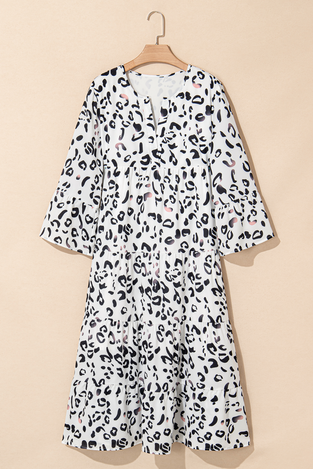 White Leopard Print Notch V Neck Loose Fit Maxi Dress - loveforevers