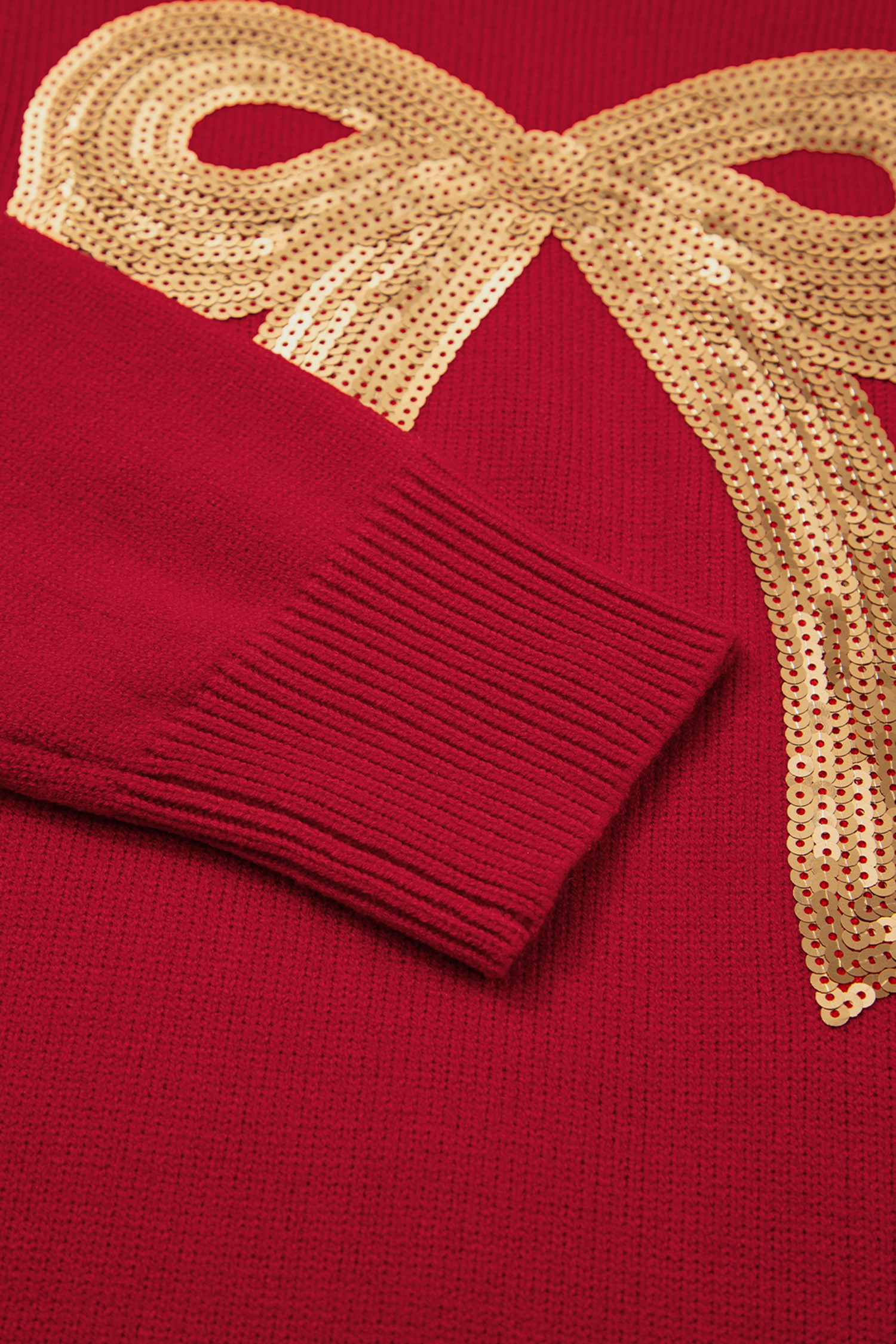 Rose Red Sequined Bow Graphic Christmas Holiday Sweater - loveforevers