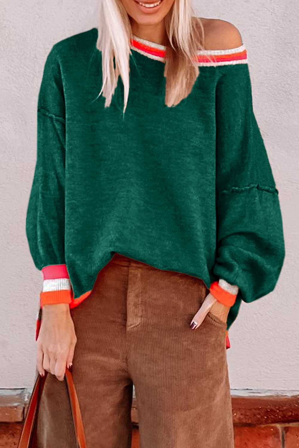 Blackish Green Colorblock Striped Trim Drop Shoulder Sweater - loveforevers