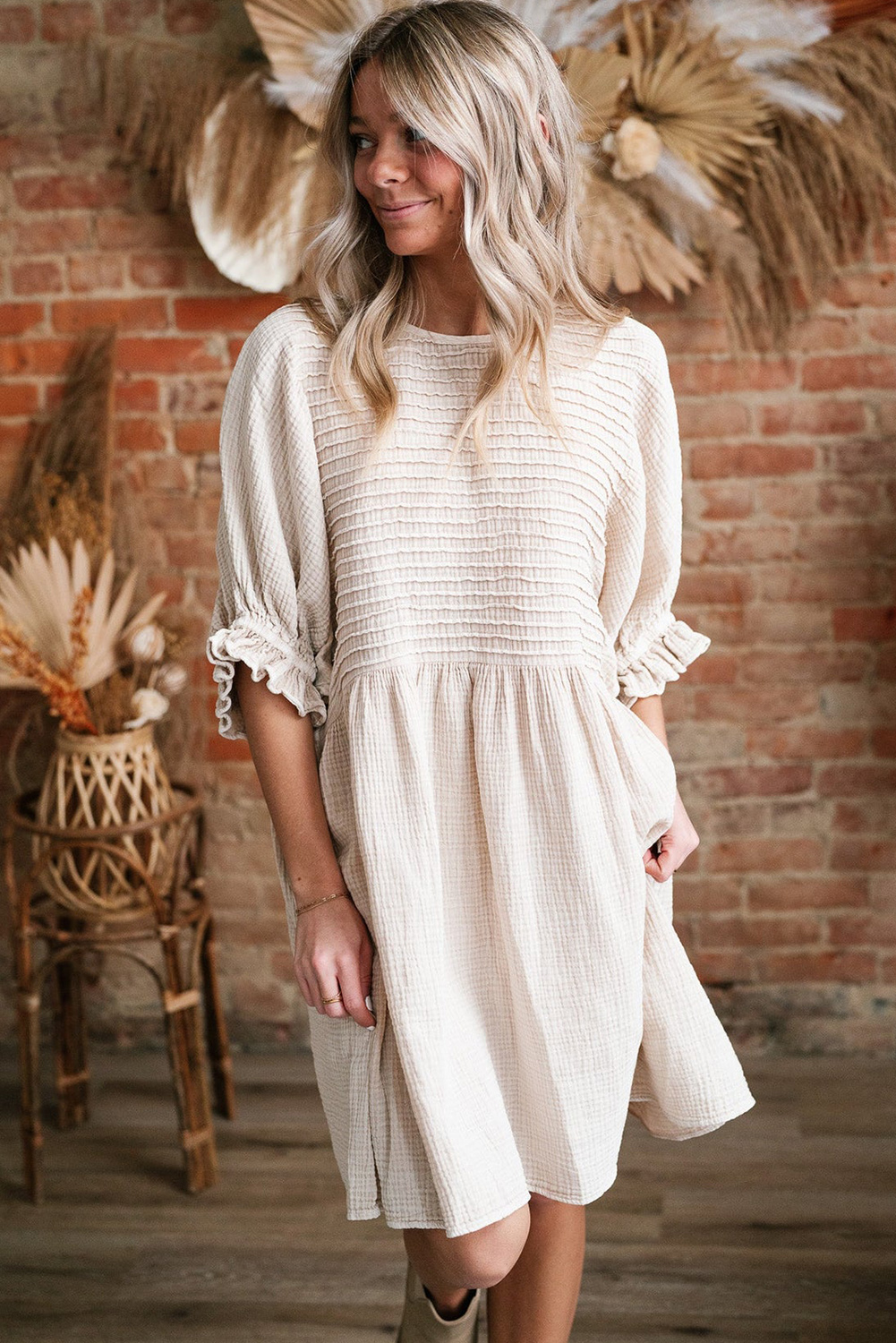 White Textured Ruffled Puff Sleeve Loose Dress - loveforevers