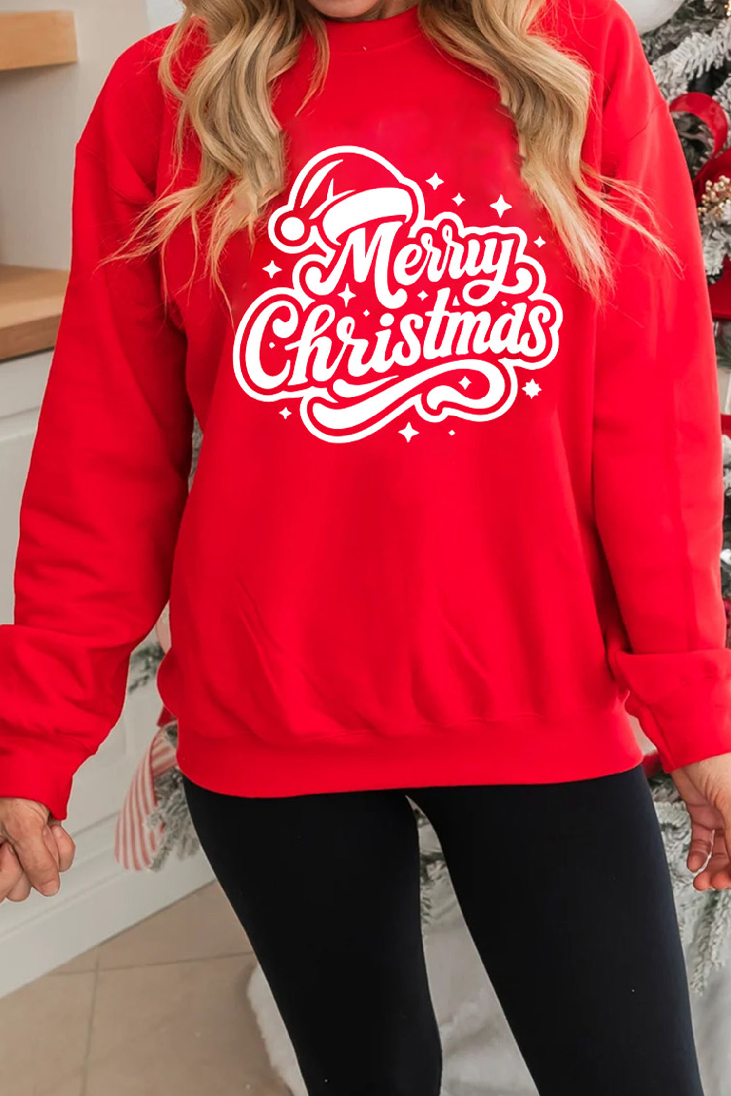 Red Merry Christmas Graphic Drop Shoulder Pullover Sweatshirt - loveforevers