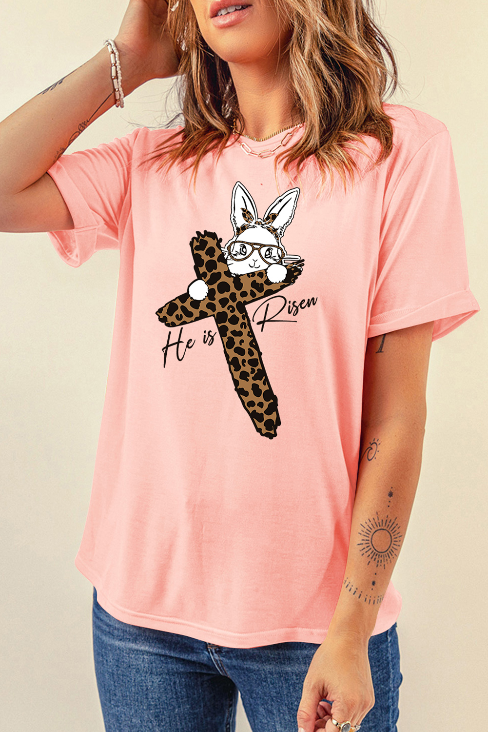 Pink He is Risen Easter Bunny Leopard Cross Graphic Tee - loveforevers