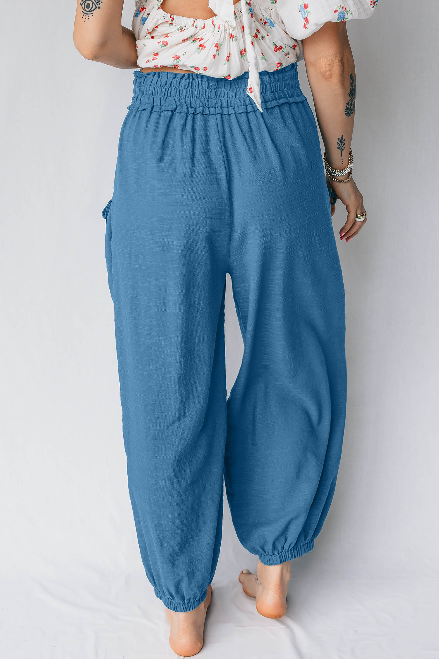 Prussian Blue Smocked Waist Casual Jogger Style Pants - loveforevers