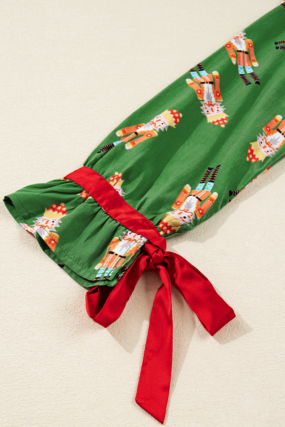 Green Christmas Candy Contrast Trim Bow Knot Silky 2pcs Pajama Set - loveforevers
