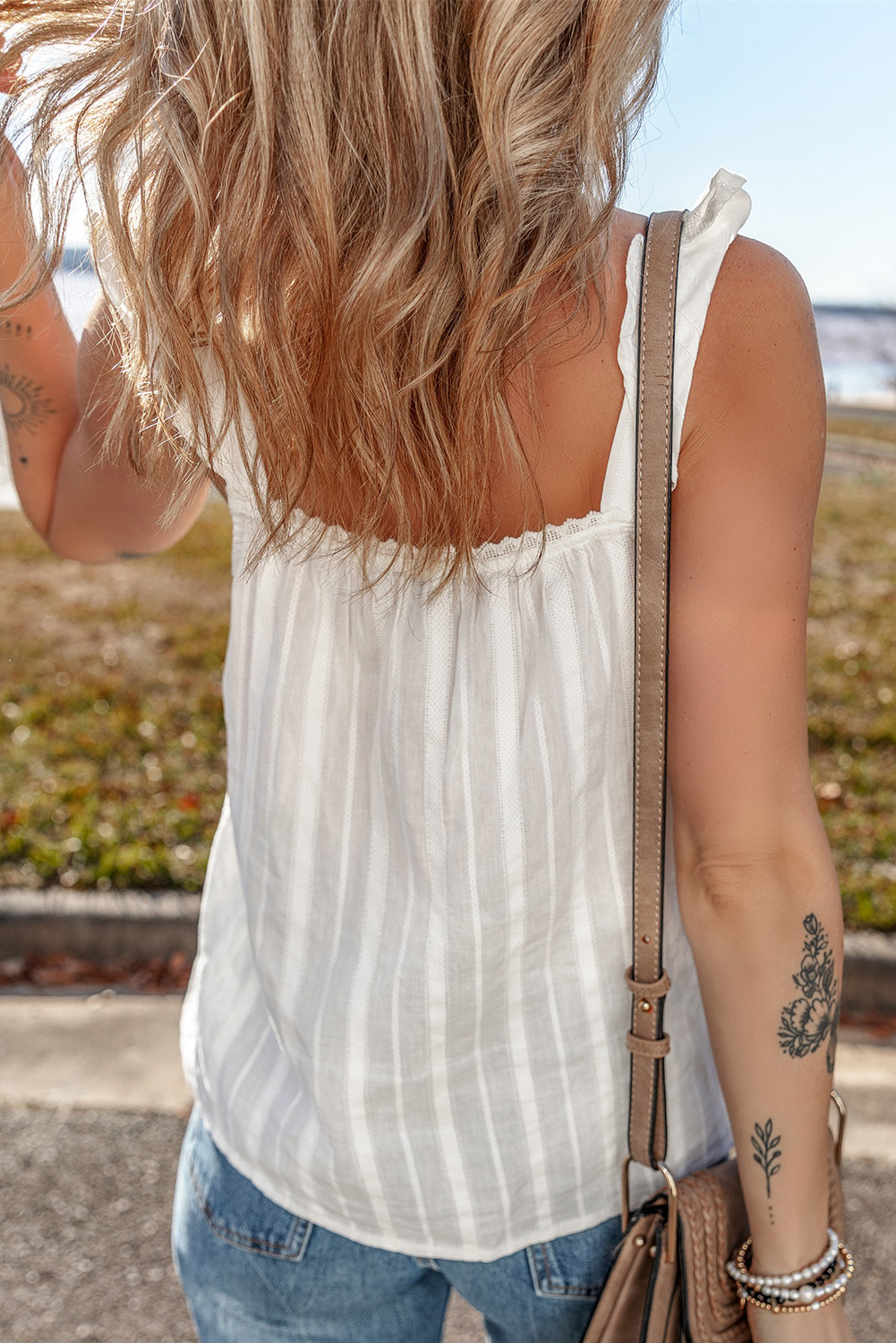 White Lace Crochet Ruffled Buttoned Loose Fit Tank Top - loveforevers