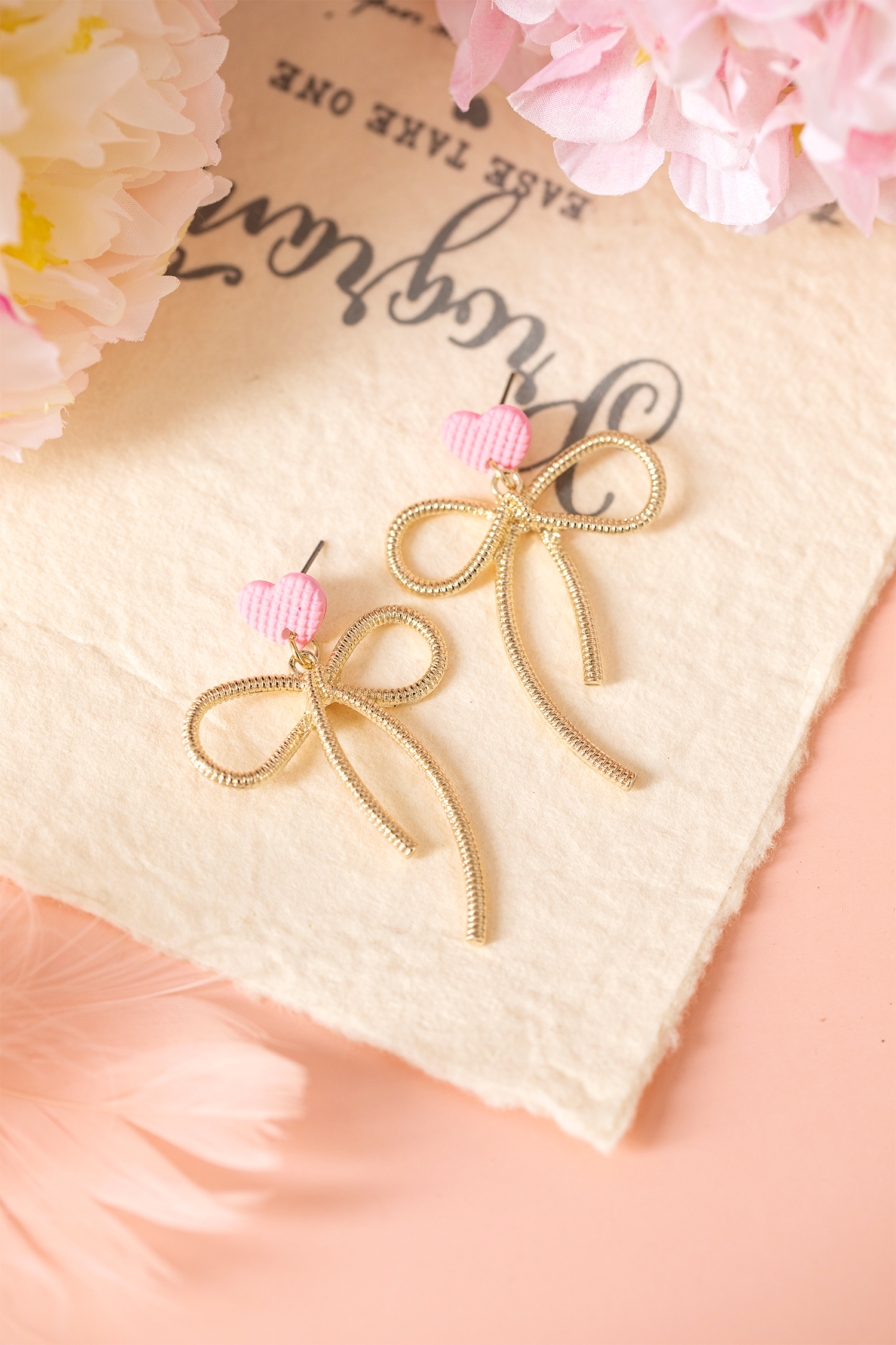 Pink Waffled Heart Stud Gold Plated Bow Dangle Earrings - loveforevers