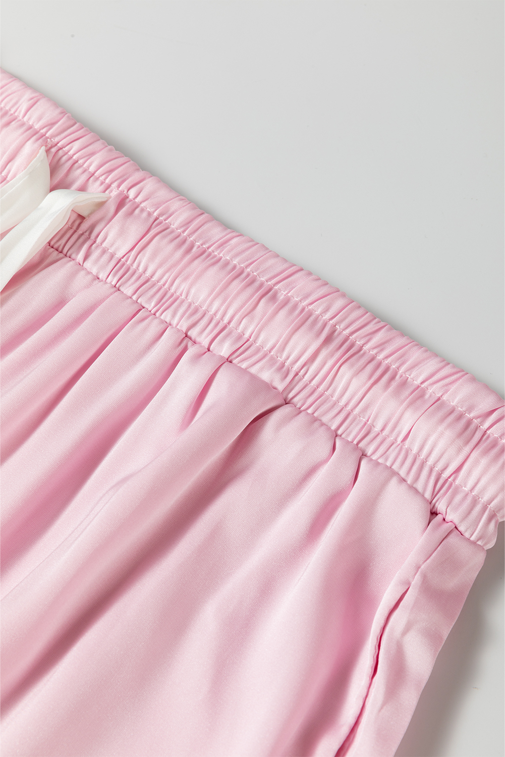 Light Pink Satin Knot Accent Shirt and Ruffled Pants Lounge Set - loveforevers