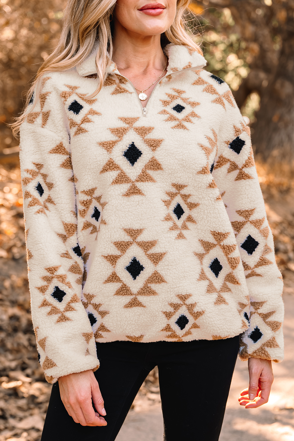 Khaki Aztec Print Sherpa Quarter Zip Collar Sweatshirt - loveforevers