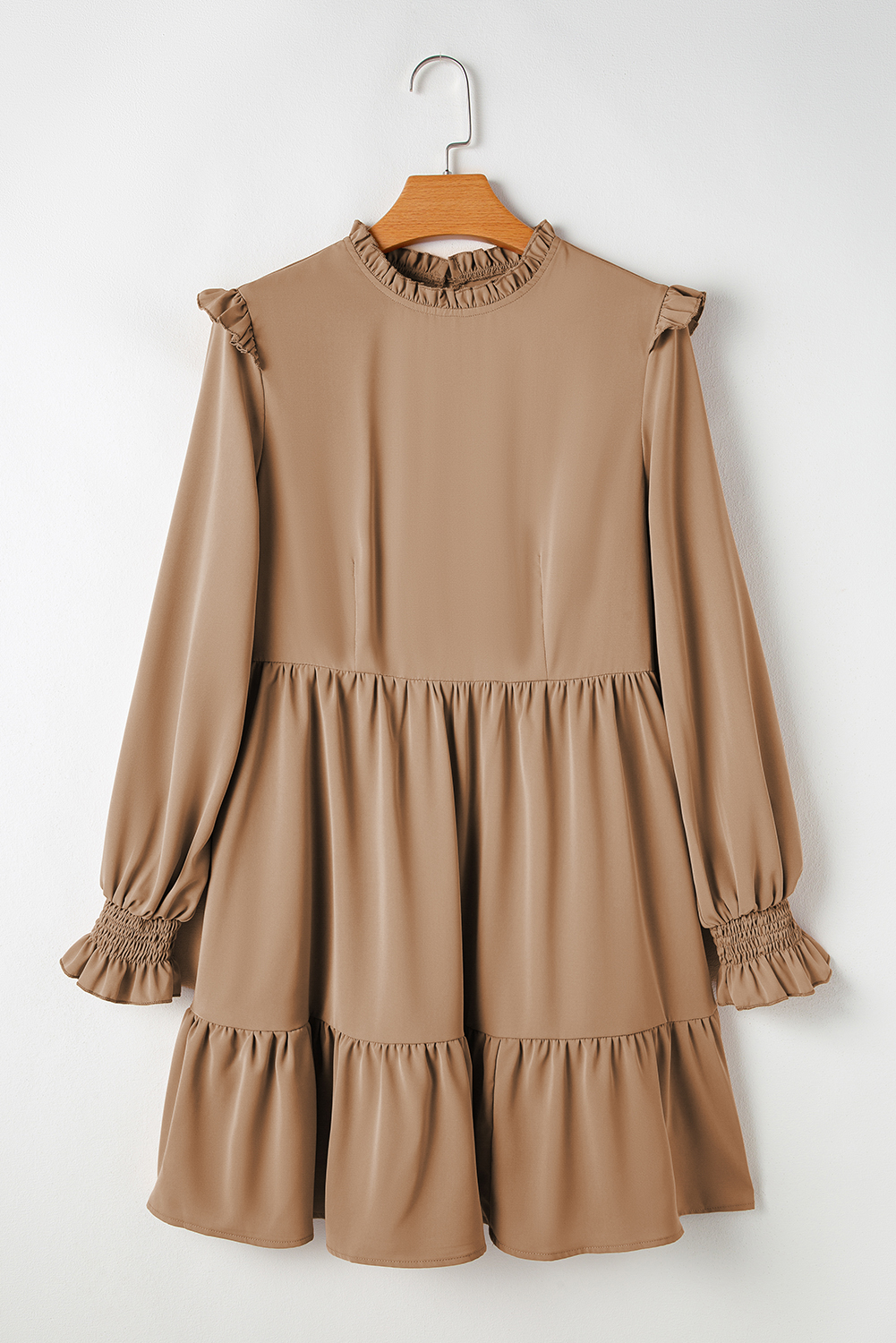 Light French Beige Frilled Collar Ruffled Shoulder Tiered Dress - loveforevers