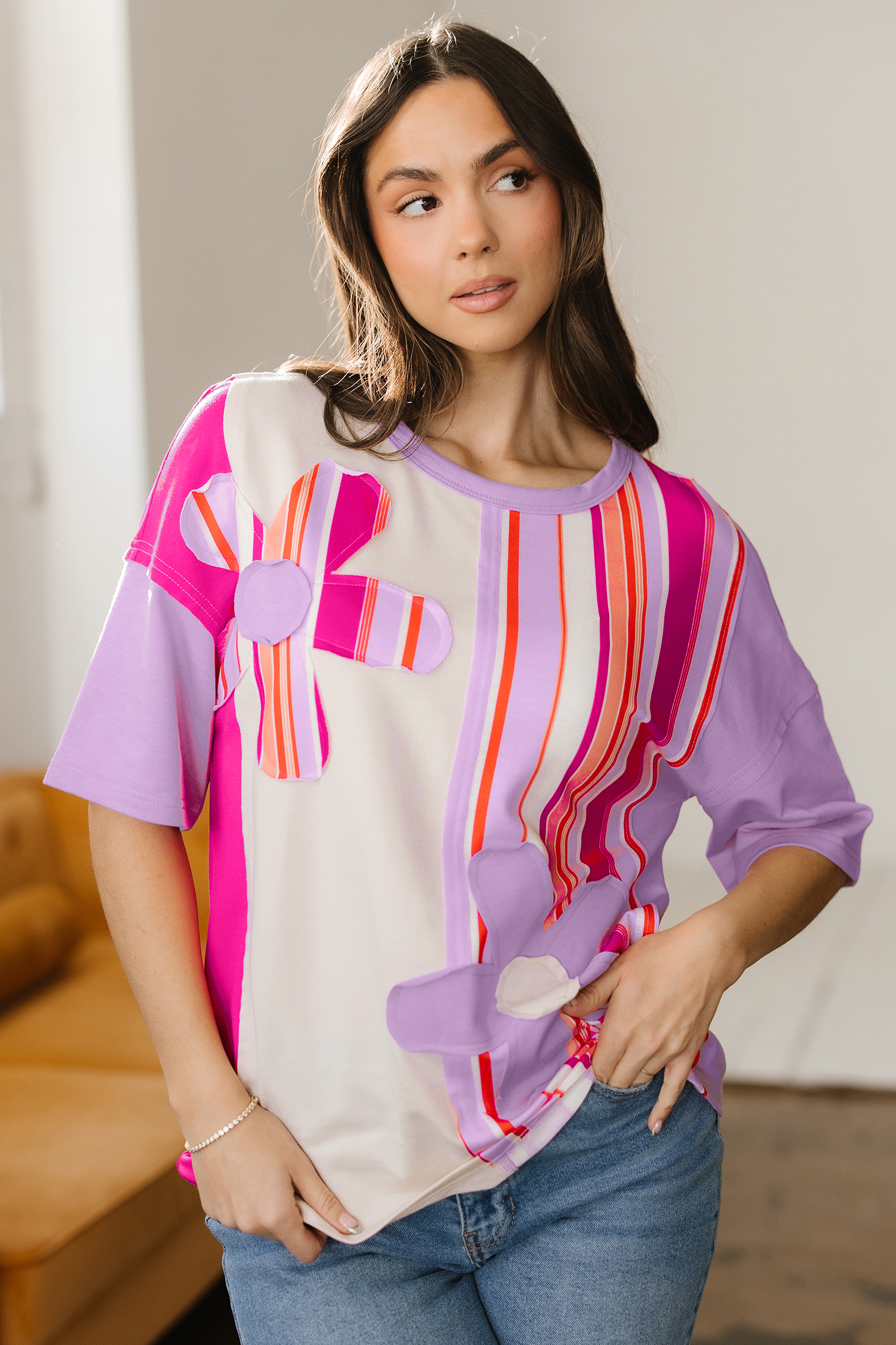 Pink Striped Color Block Flower Patched Half Sleeve Loose Top - loveforevers