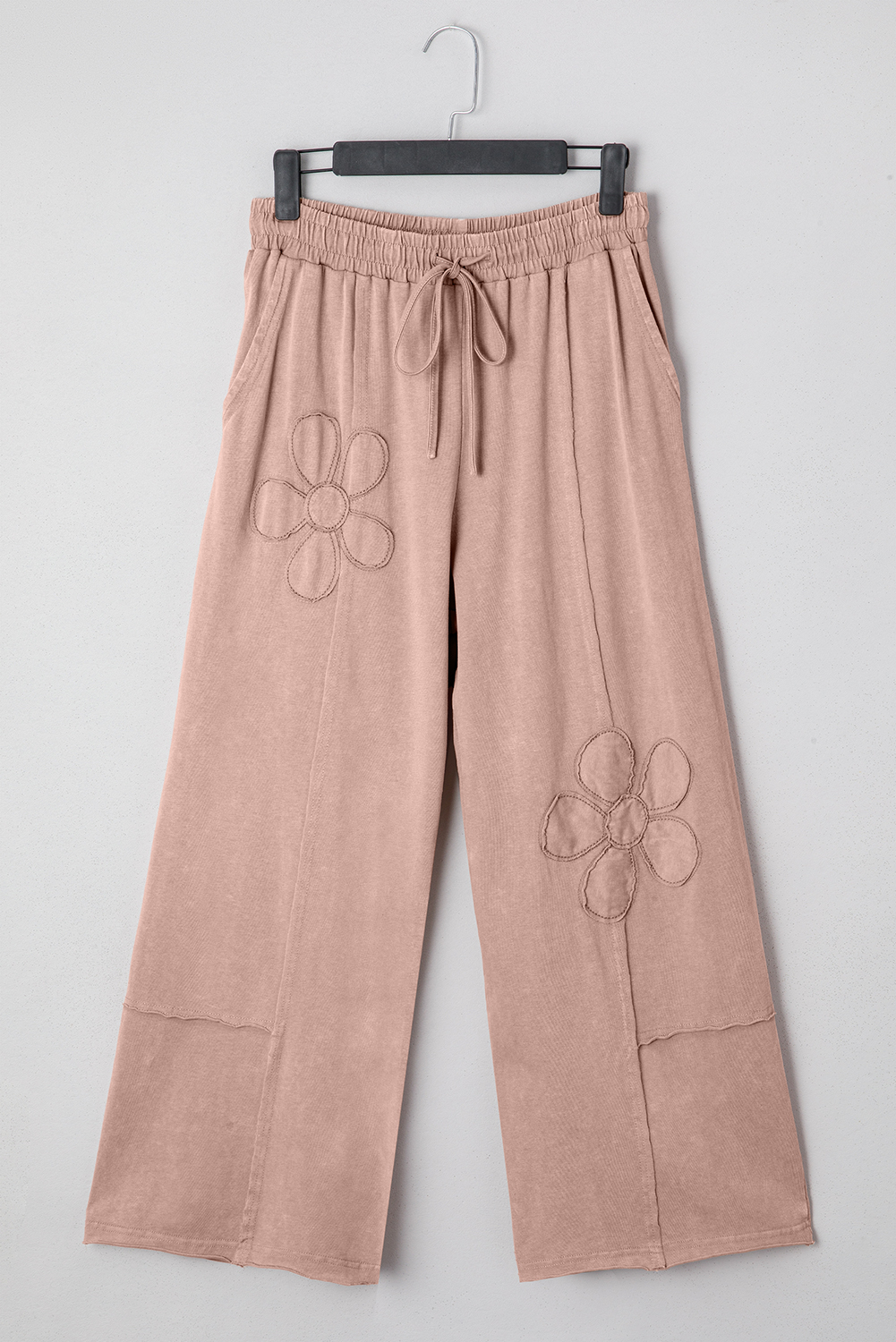 Light Grey Flower Patch Mineral Washed Terry Knit Cropped Wide Leg Pants - loveforevers