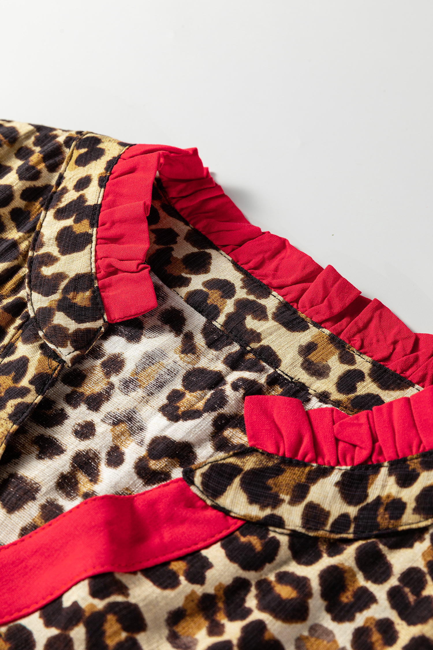Brown Fierce Leopard Allure Contrast Ruffle Trim V Neck Shirt - loveforevers