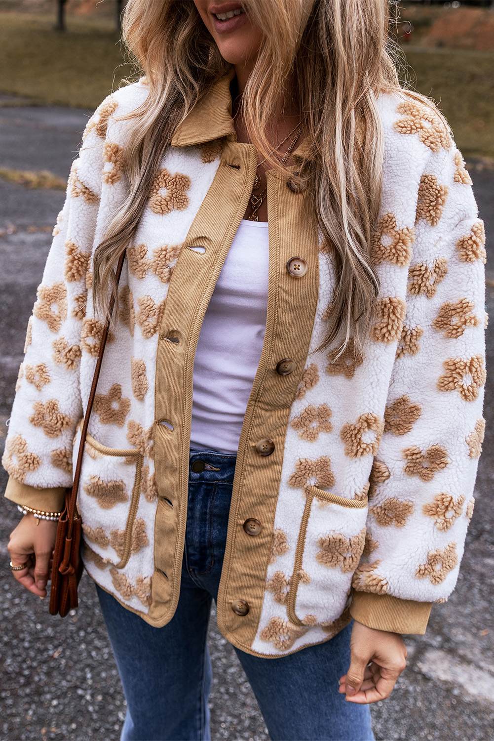 Light French Beige Cute Flower Pattern Button Up Fleece Jacket - loveforevers
