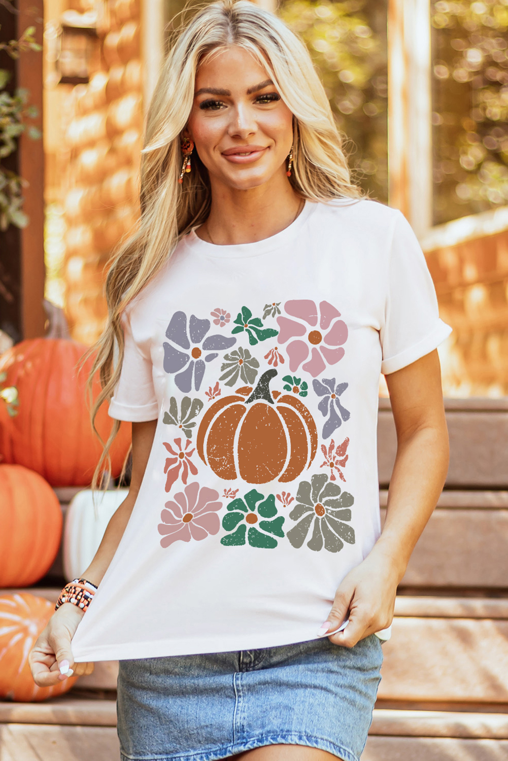 White Flower Pumpkin Distressed Graphic T Shirt - loveforevers