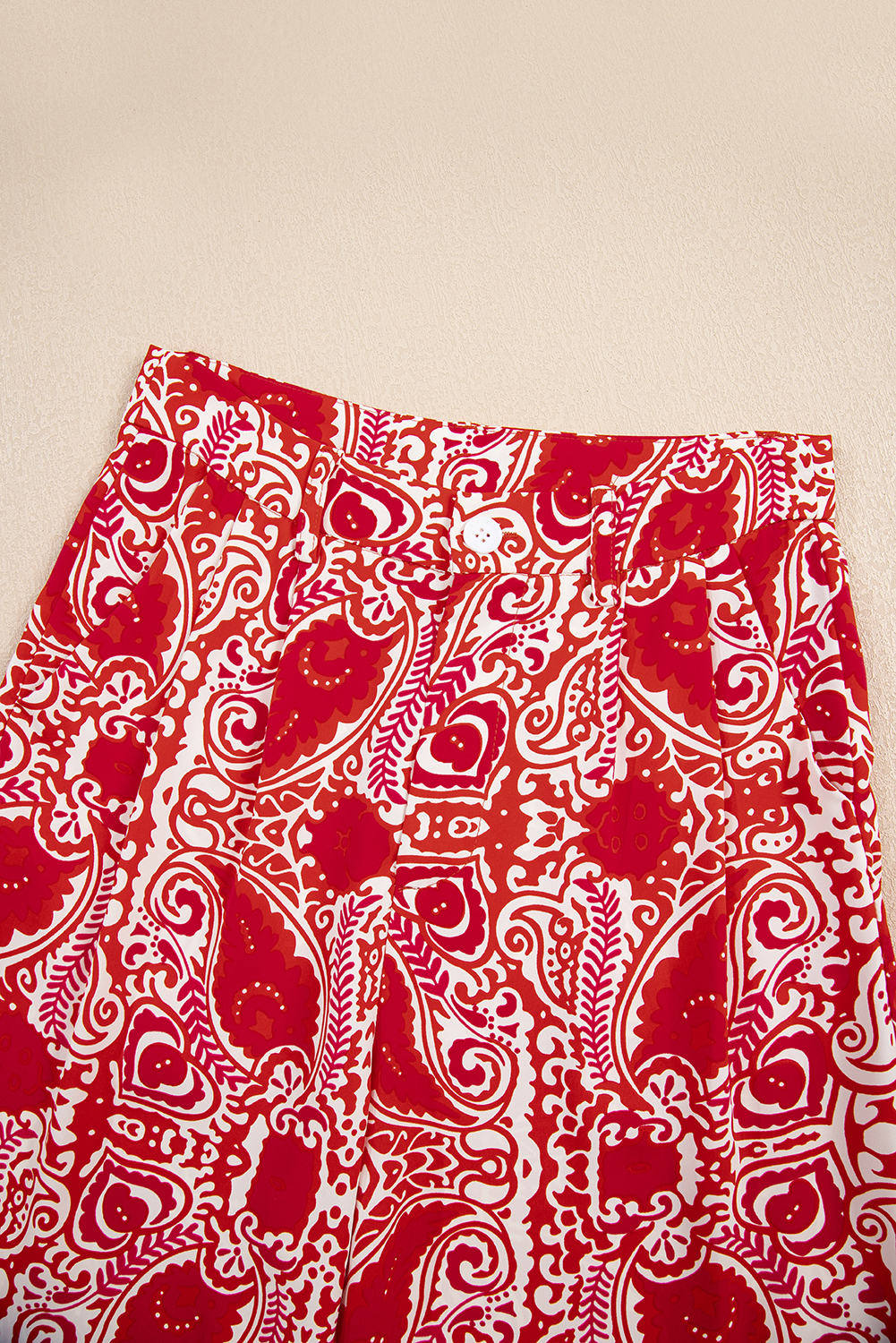 Red Paisley Printed Buttoned High Waist Straight Leg Pants - loveforevers