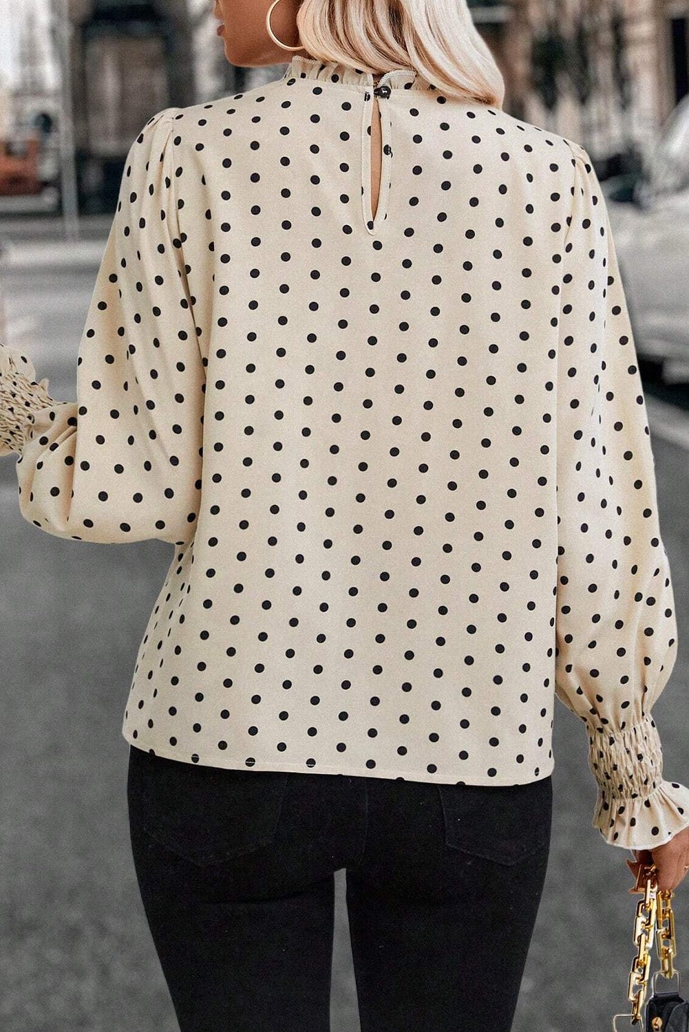 Apricot Polka Dot Print Frilled Collar Lantern Sleeve Blouse - loveforevers